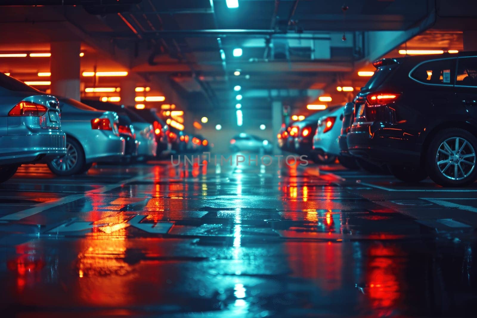 A parking lot with cars parked in it by AI generated image.