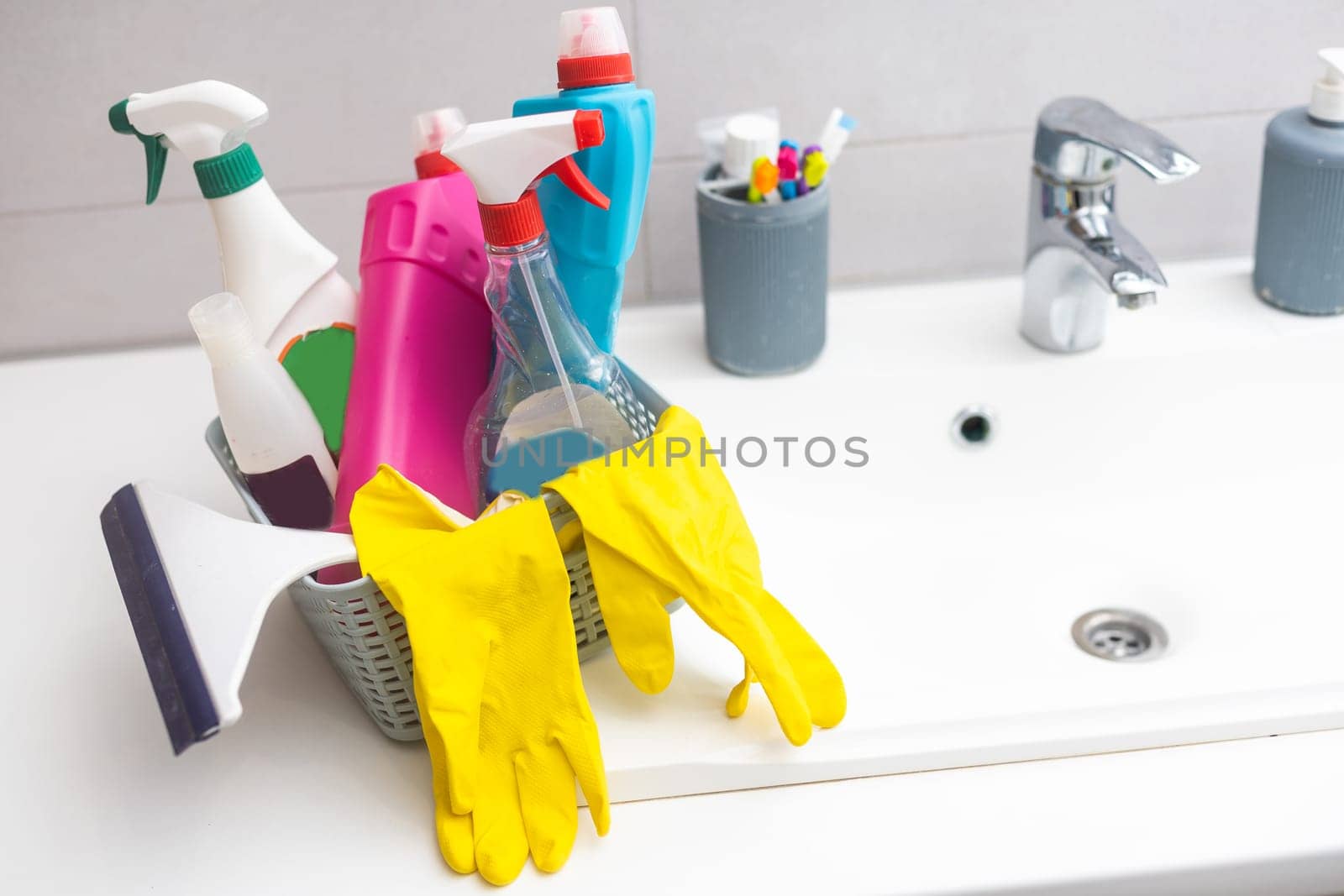 cleaning products in the bathroom