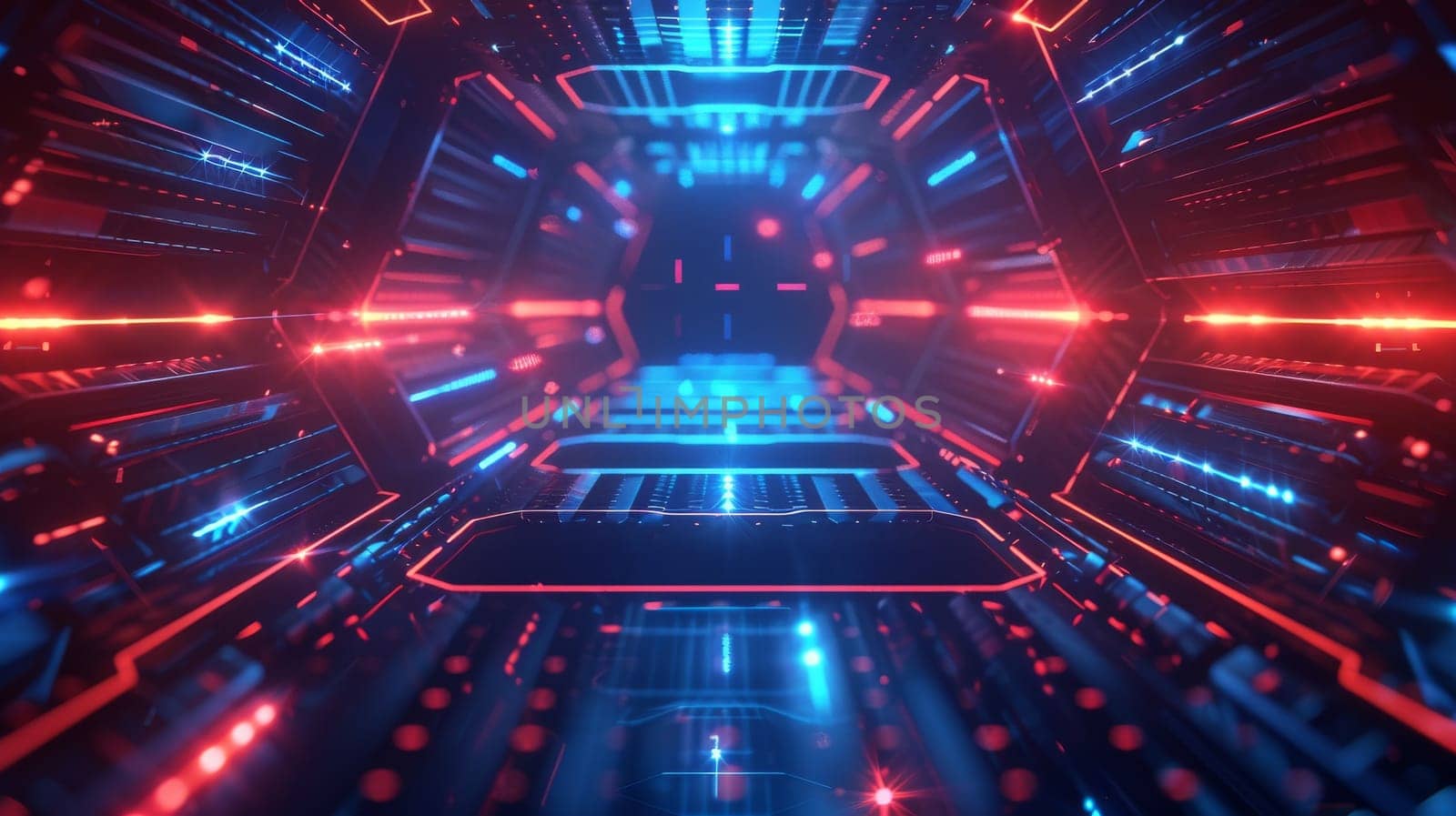 A futuristic tunnel with neon lights and a blue and red color scheme. The tunnel is filled with wires and circuits, giving it a futuristic and technological feel
