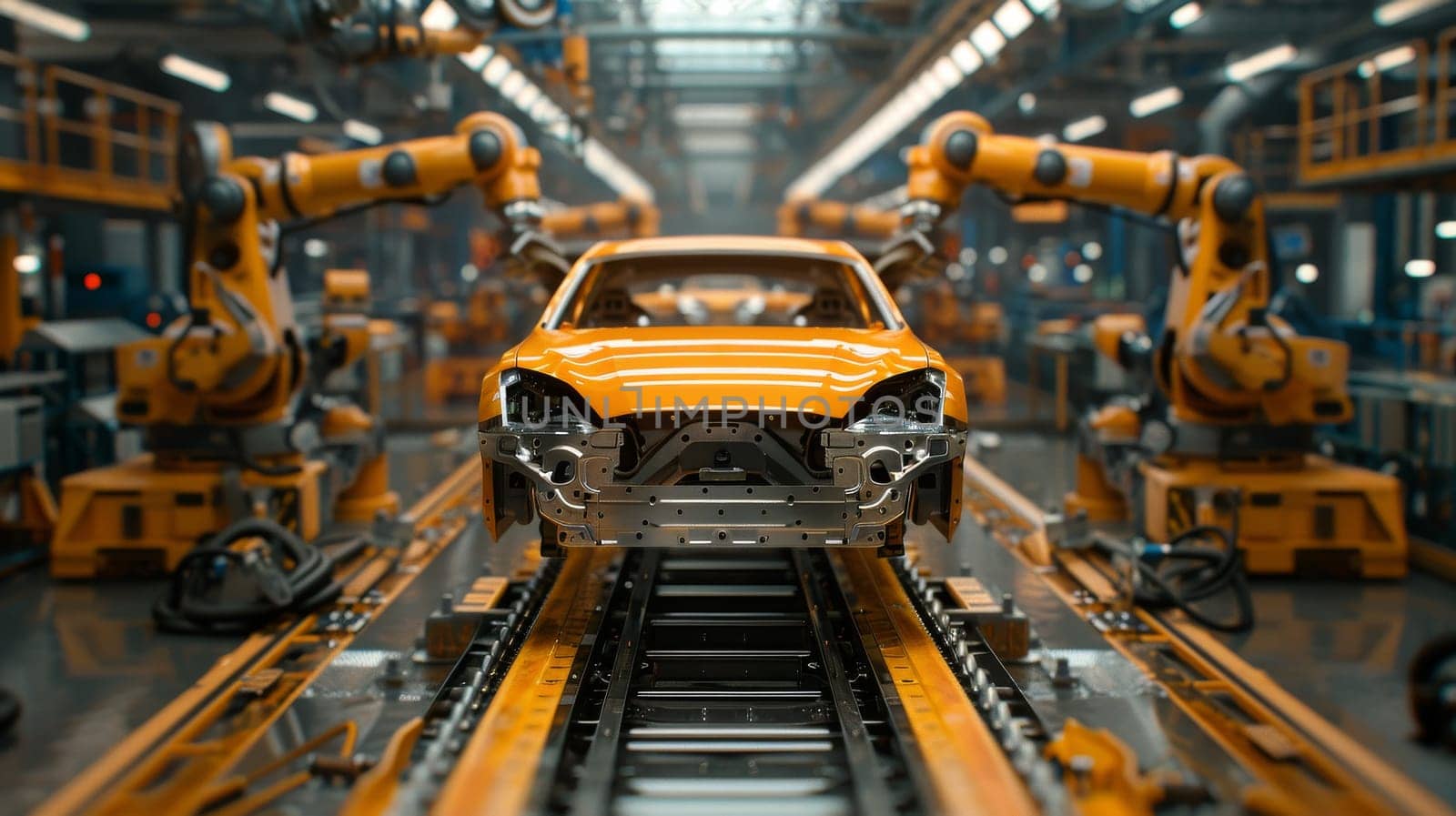 A car is being built in a factory with many robots working on it. The car is yellow and has a shiny finish. The robots are moving around the car, putting it together piece by piece