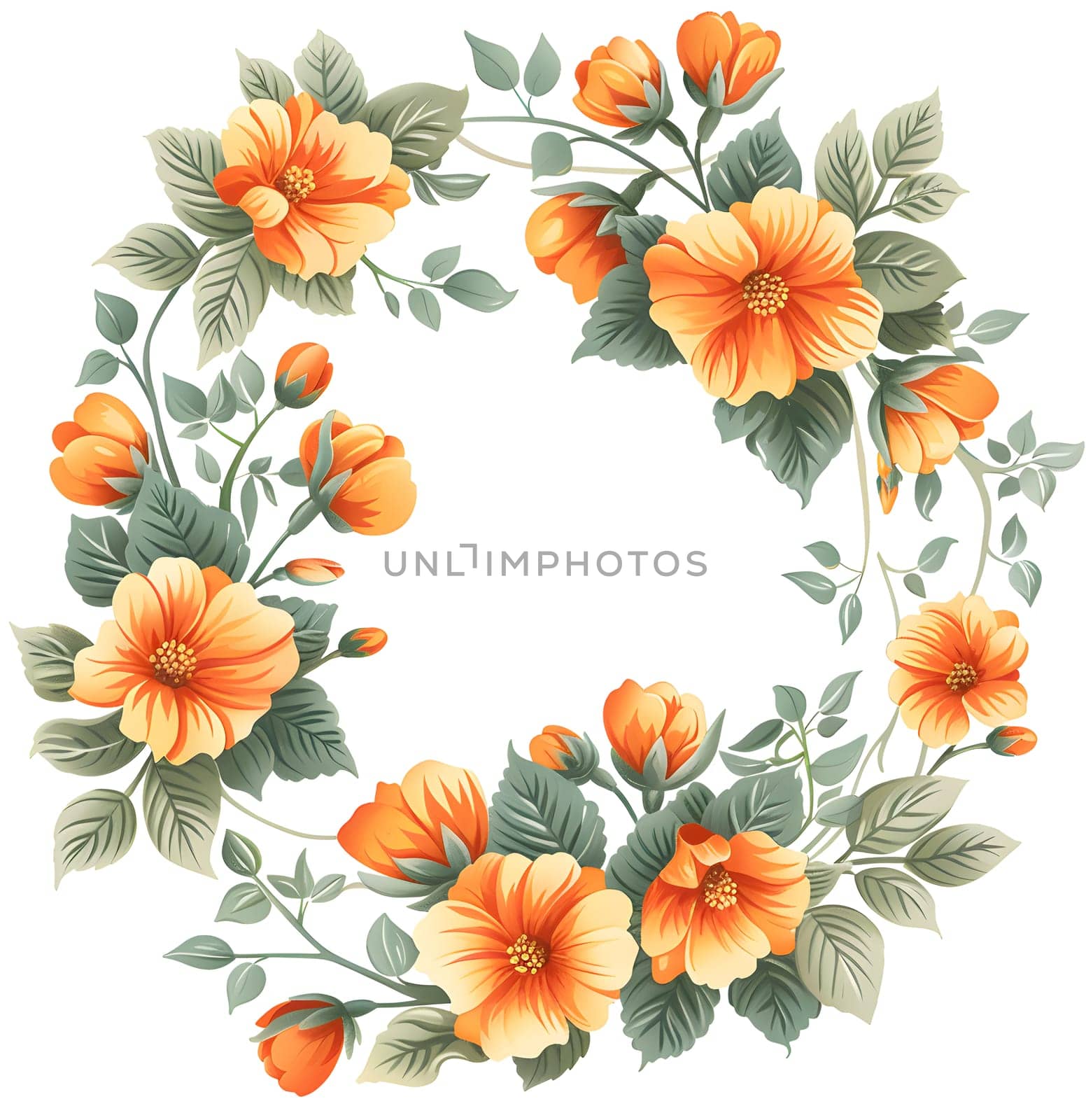 A creative art piece featuring a wreath of orange flowers and green leaves on a white rectangular dishware, showcasing a beautiful floral pattern