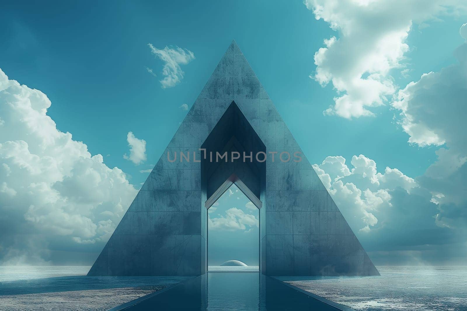 A large geometric with a triangular entrance is surrounded by a cloudy sky. The image has a mysterious and intriguing mood, as the pyramid seems to be a gateway to another world or dimension