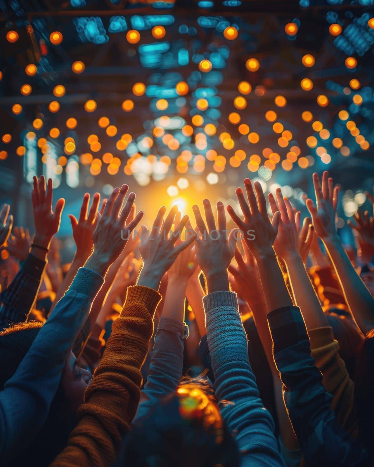 A group of people are holding hands and raising them in the air by AI generated image.