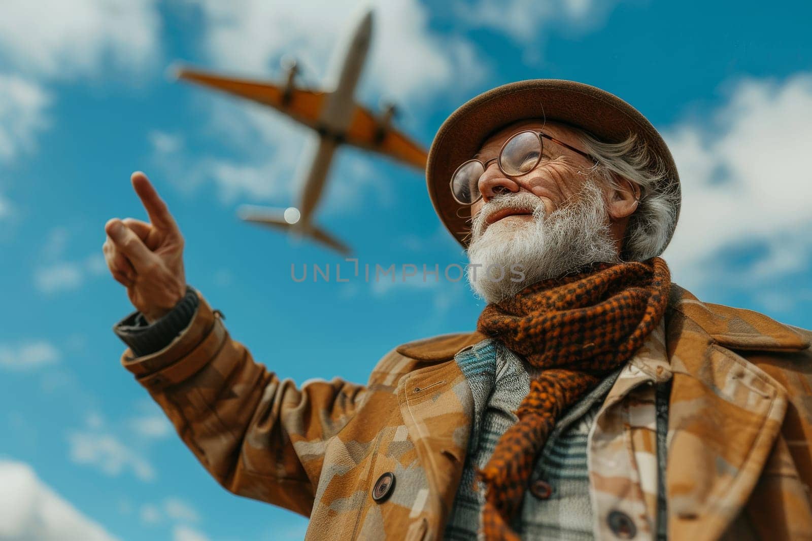 An older man wearing a leather jacket points to an airplane flying in the sky. Concept of adventure and excitement, as the man is looking up at the plane with a sense of wonder