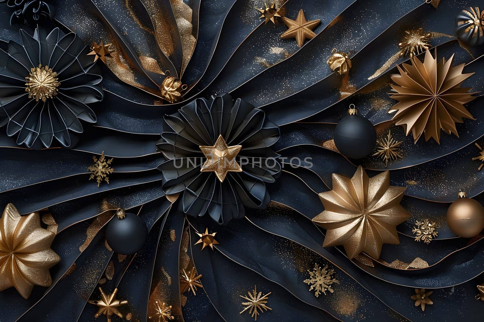 Macro photography capturing the intricate details of a black and gold Christmas decoration, showcasing symmetry and patterns, resembling a terrestrial plant with electric blue accents