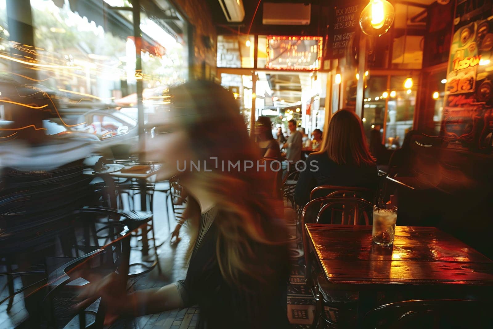 A blurry image of a busy city street with people walking and sitting at tables outside of restaurants. Scene is lively and bustling, with the blurred effect giving a sense of motion and energy