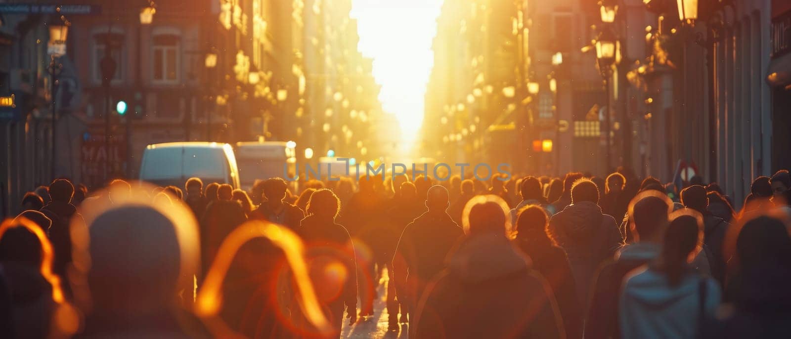 A large crowd of people are walking down a street in the sun by AI generated image by wichayada