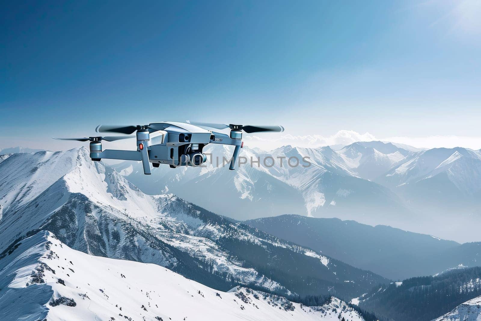 A drone is flying over a snowy mountain range. The sky is cloudy and the sun is setting, creating a serene and peaceful atmosphere