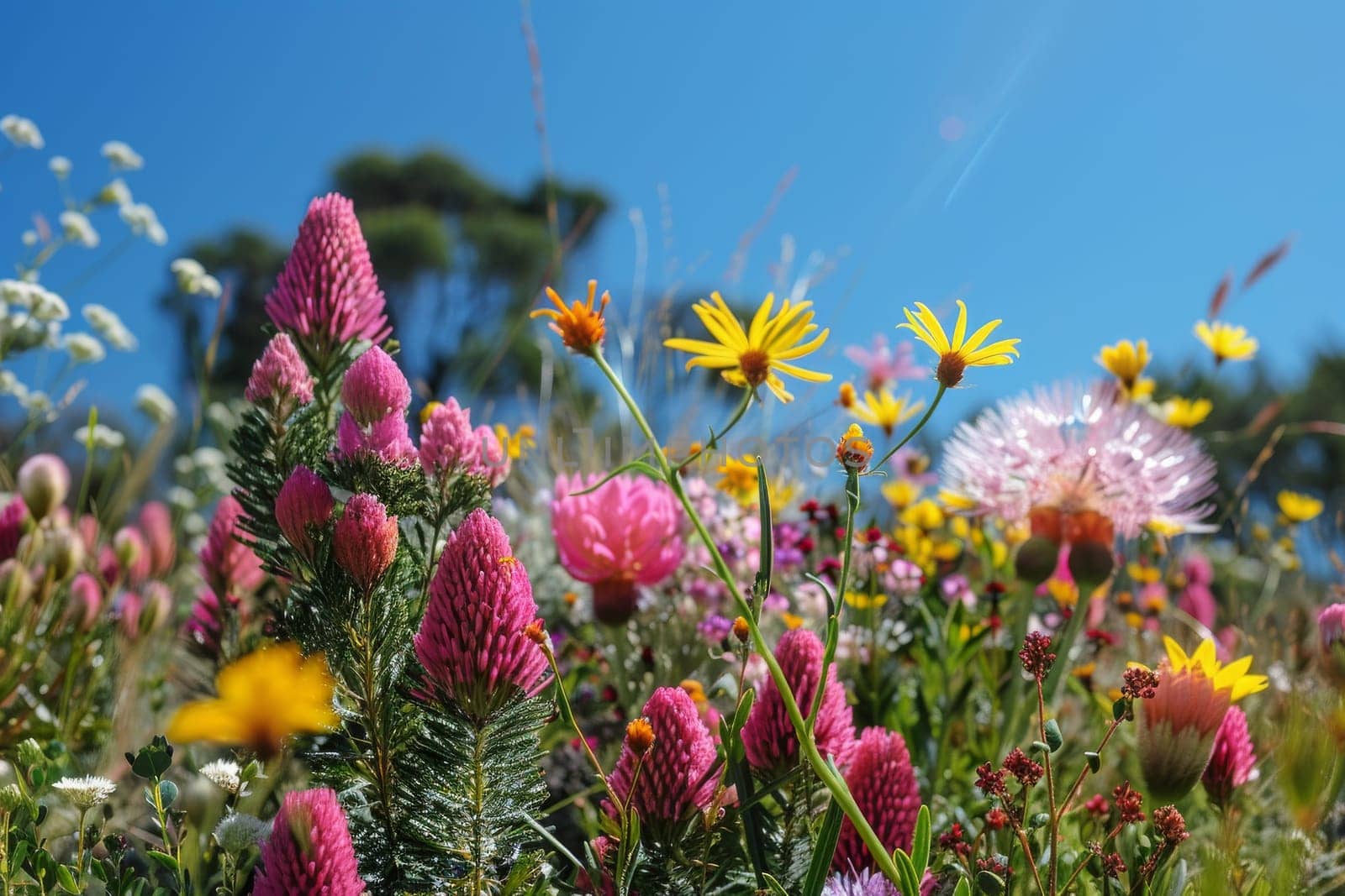 A garden with a variety of flowers including pink, yellow, and purple by itchaznong