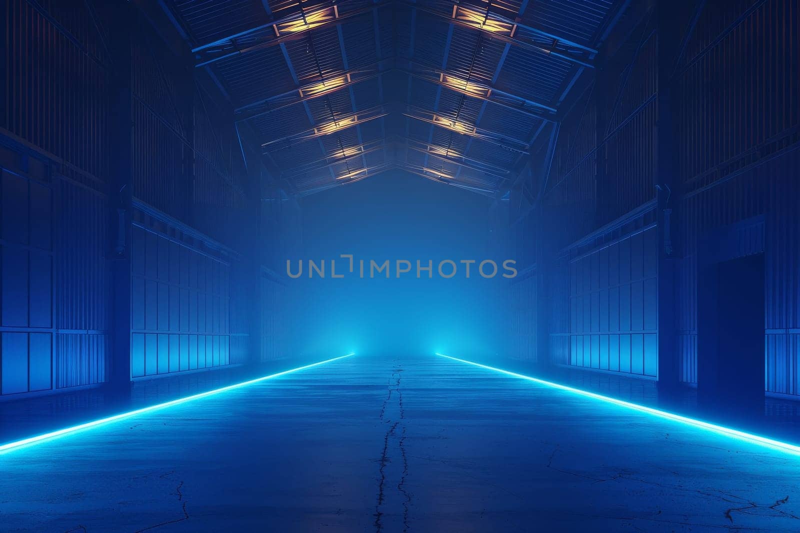 A long, empty, blue hallway with a bright blue light shining down on it.