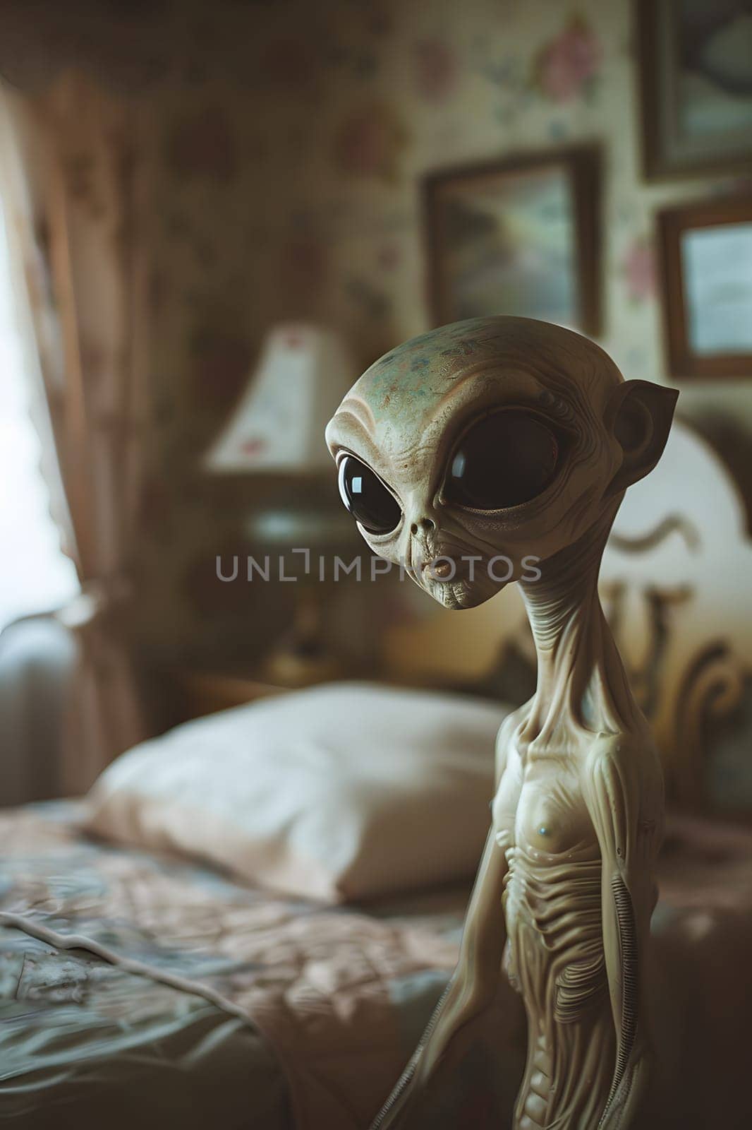 a statue of an alien is sitting on a bed in a bedroom by Nadtochiy