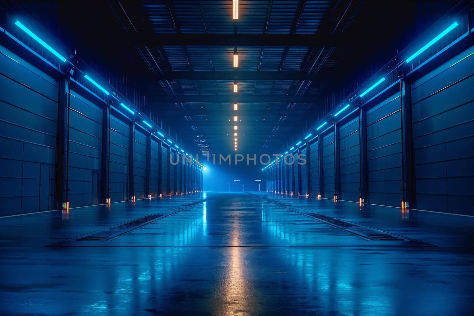 A long, empty, blue hallway with a bright blue light shining down on it by itchaznong