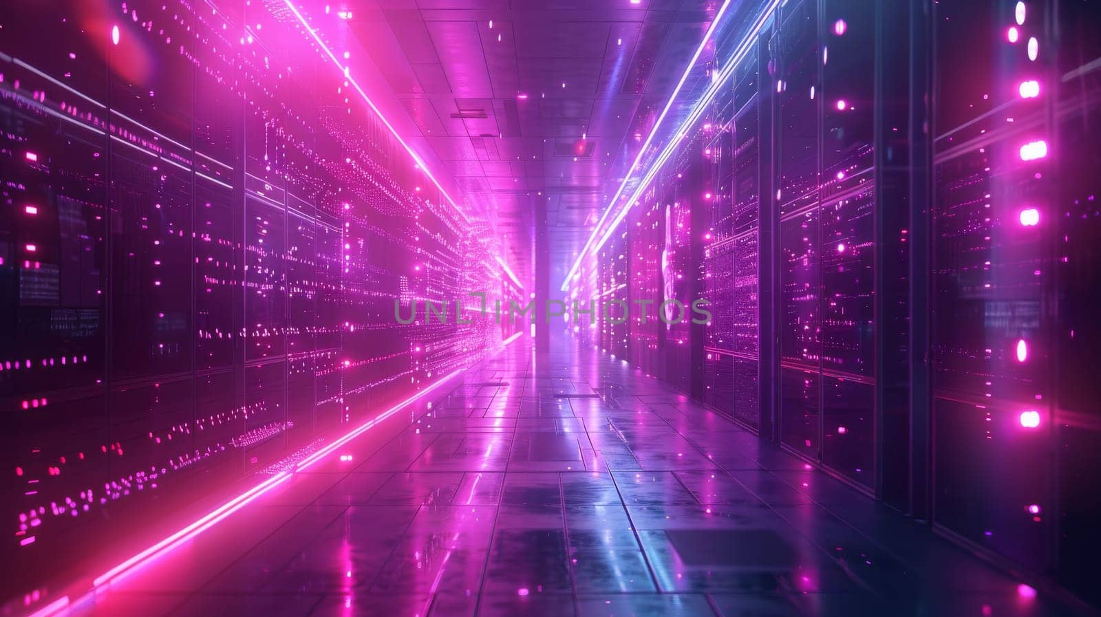 A long, narrow room with pink walls and pink lights. The room is filled with neon lights and has a futuristic feel to it