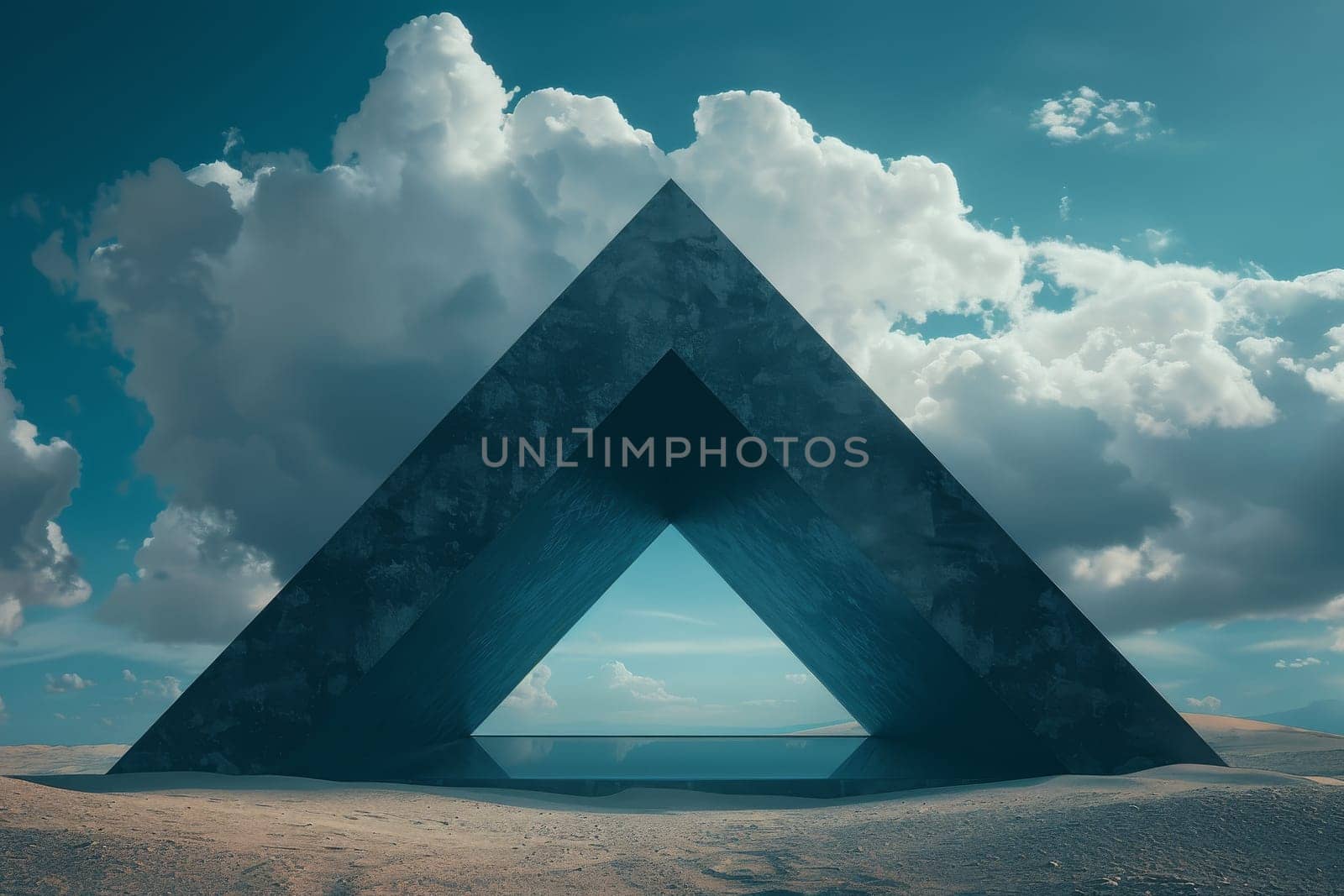 A large pyramid with a triangular entrance is surrounded by a cloudy sky. The image has a mysterious and intriguing mood, as the pyramid seems to be a gateway to another world or dimension