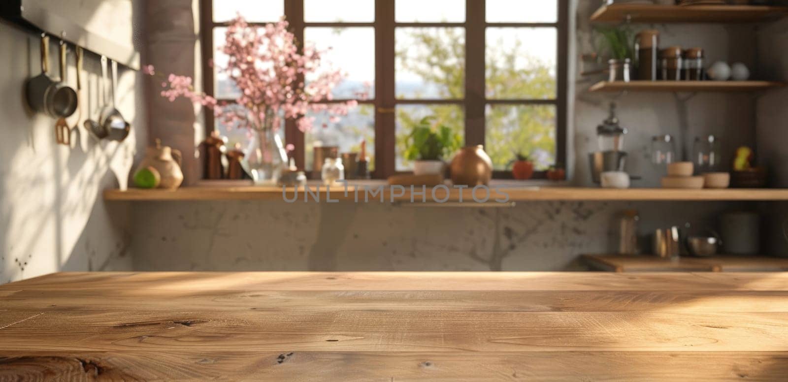 A kitchen with a wooden table and a window by AI generated image.