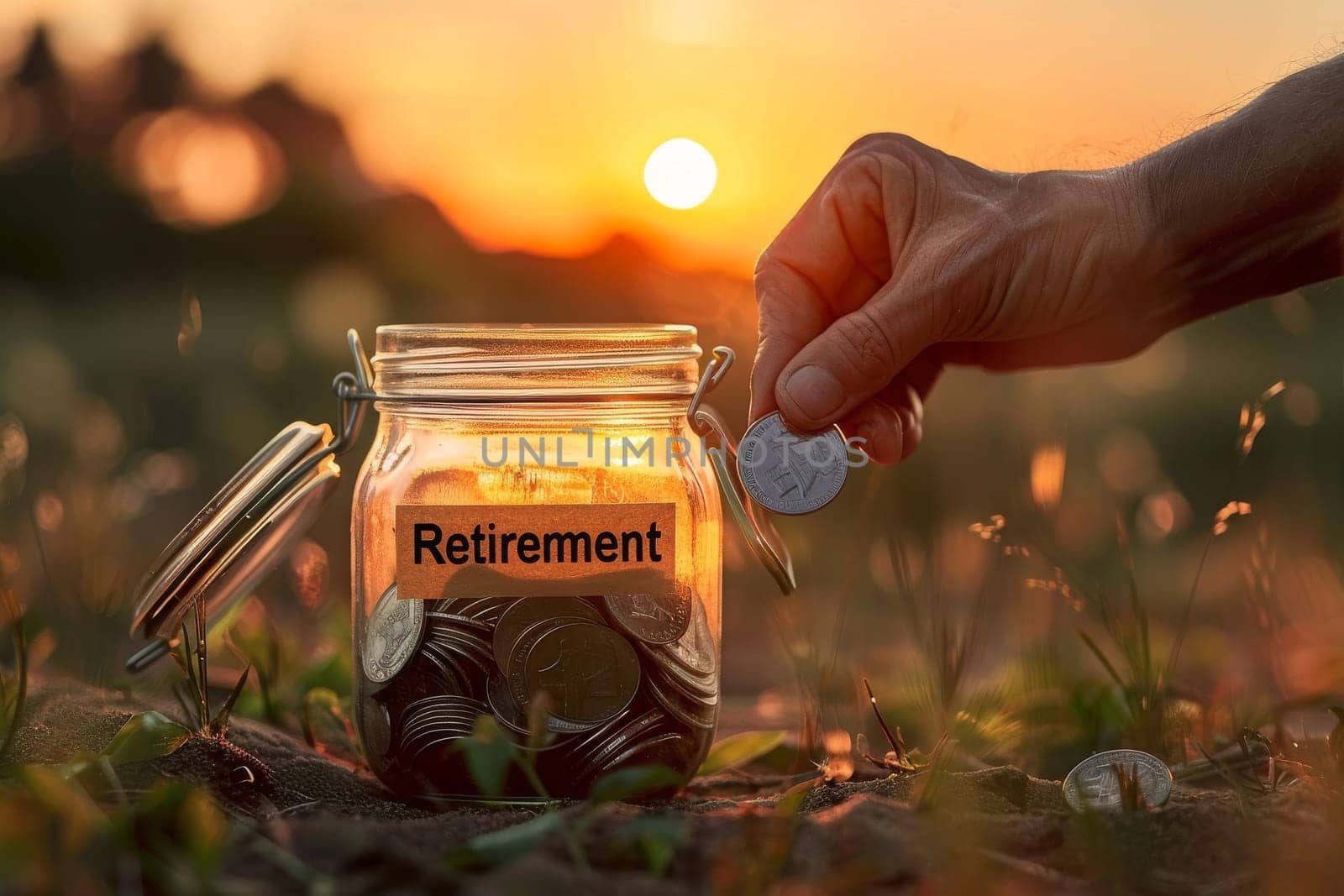 A jar full of coins with the word retirement written on it