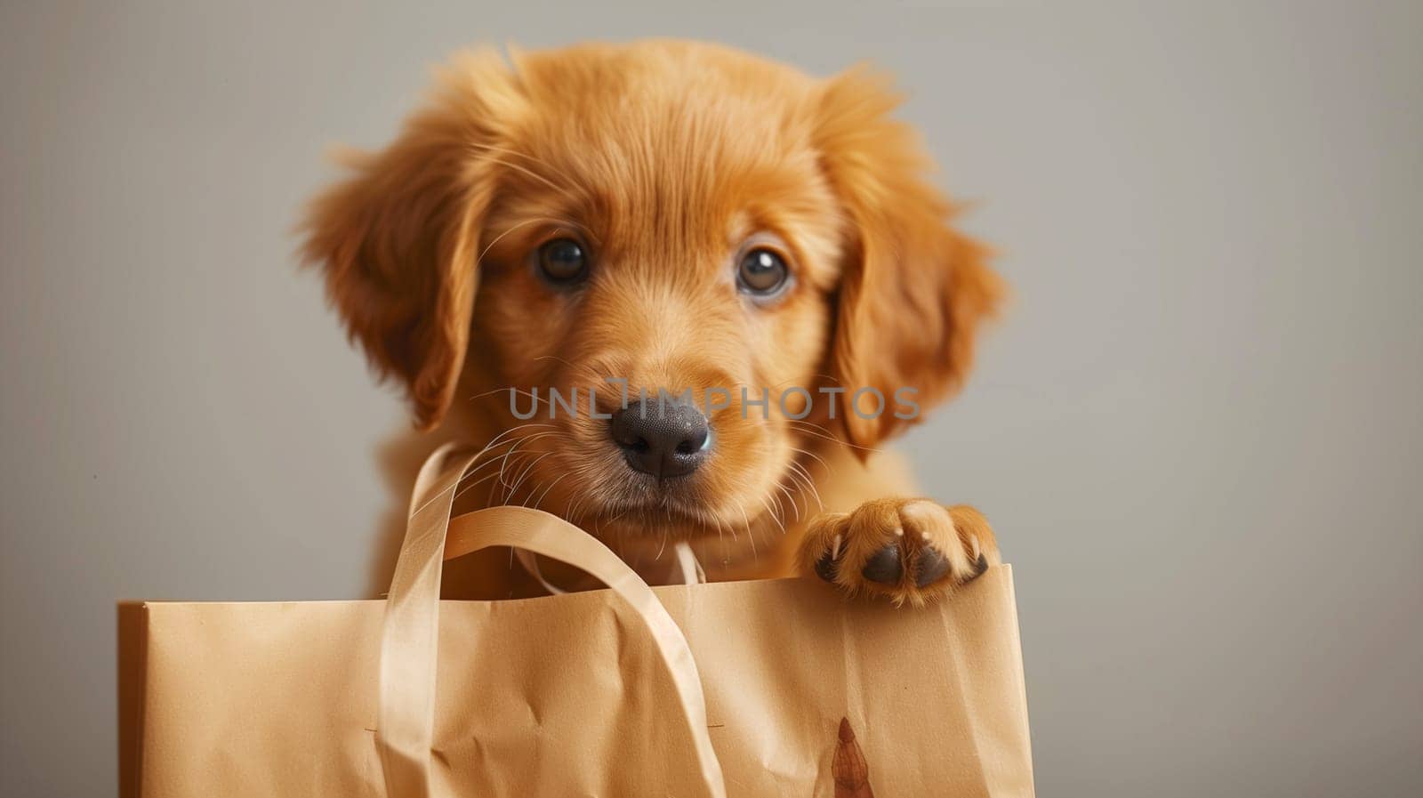 Golden Retriever Puppy Peeking Out From A Gift Bag For Fathers Day by Sd28DimoN_1976