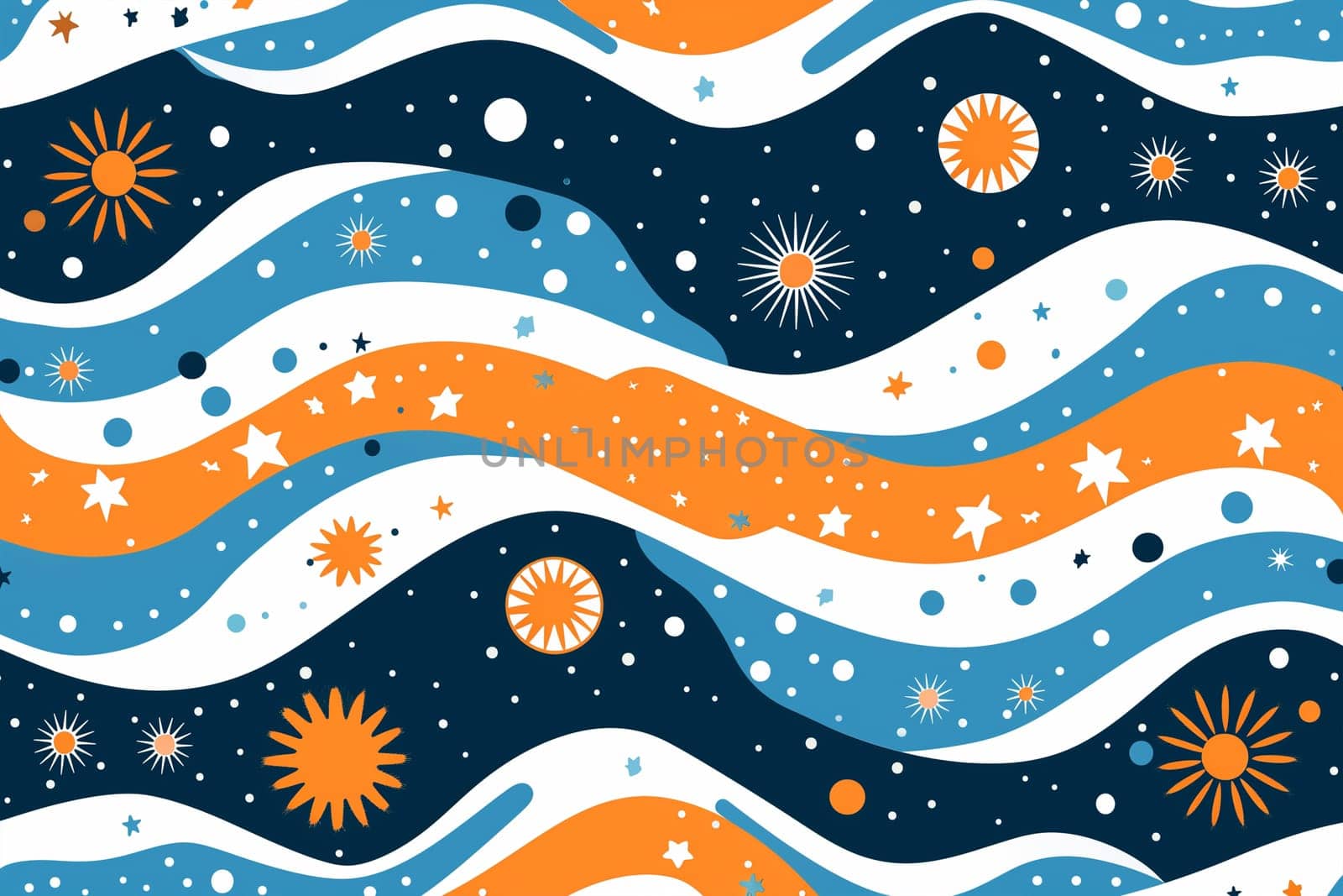 Blue and orange background featuring stars and waves in a vibrant display.