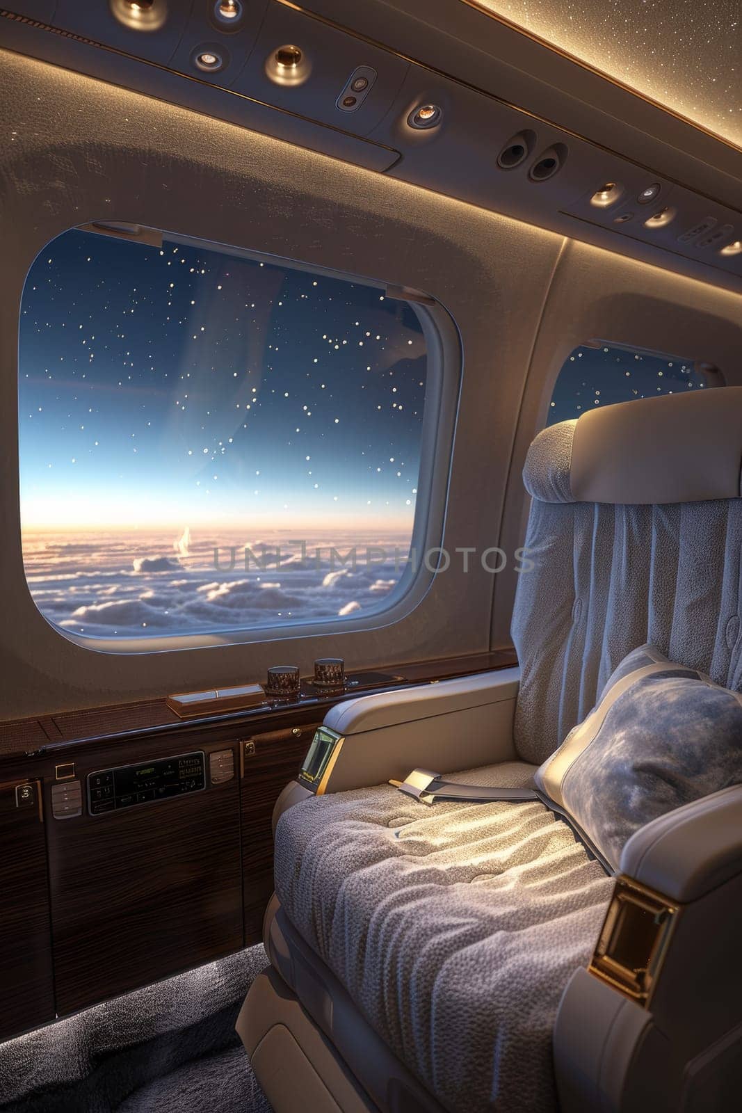 A silver airplane seat with a white cushion and a window in front of it. The window is open and the view is of the sky