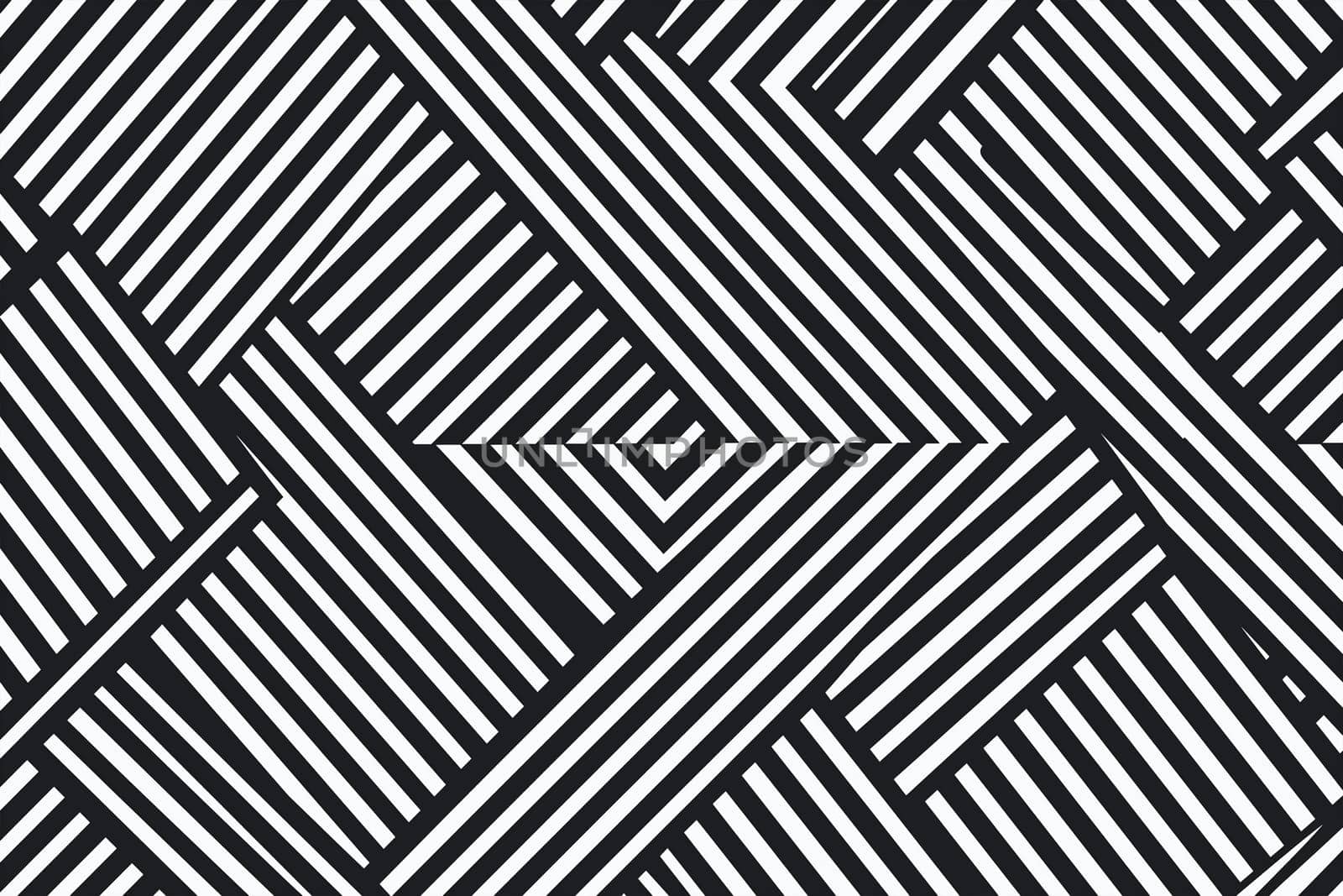 A monochromatic design featuring intersecting lines in a repeating pattern, creating a visually striking black and white composition.