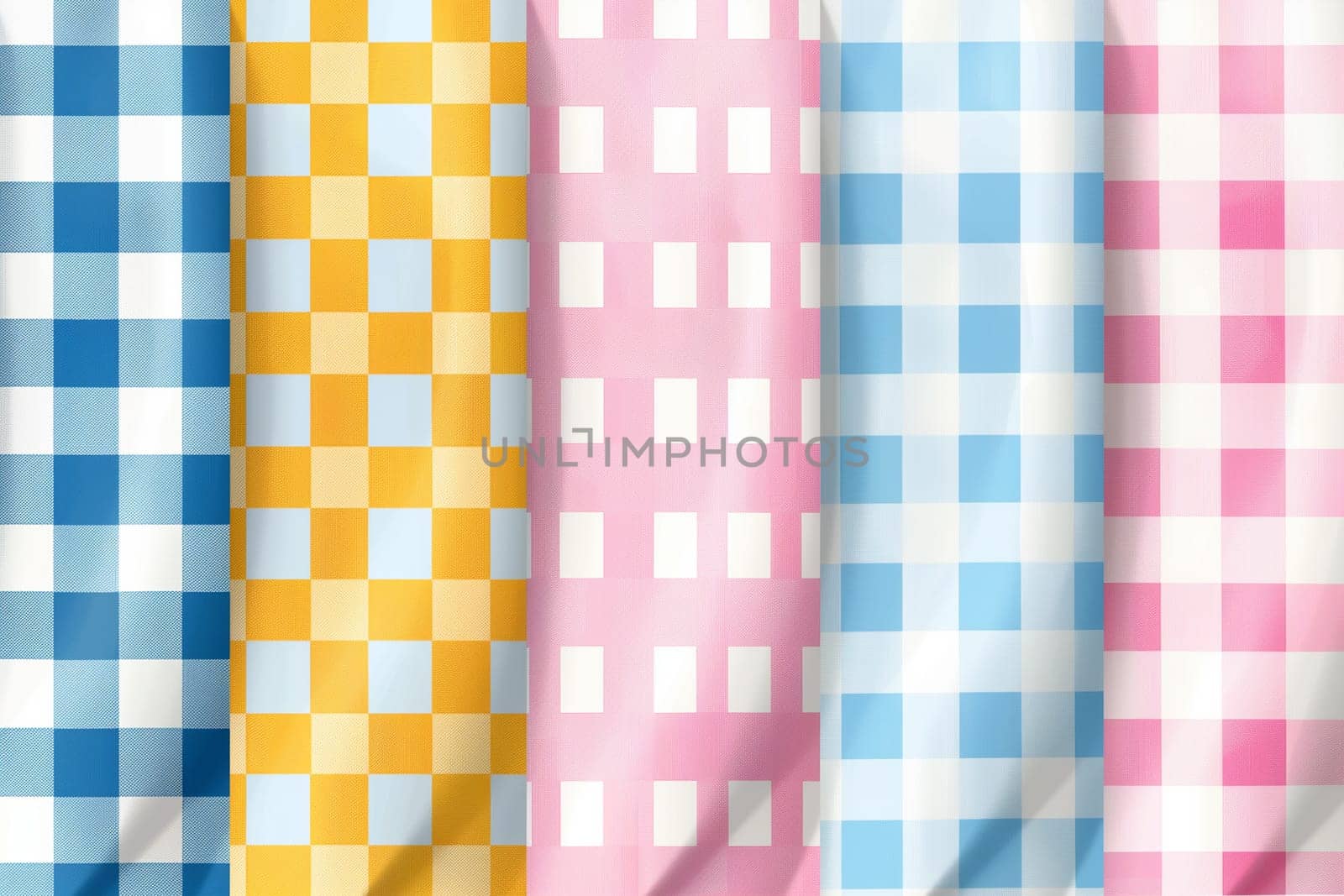 Various checkered fabrics in different colors neatly arranged in a row.