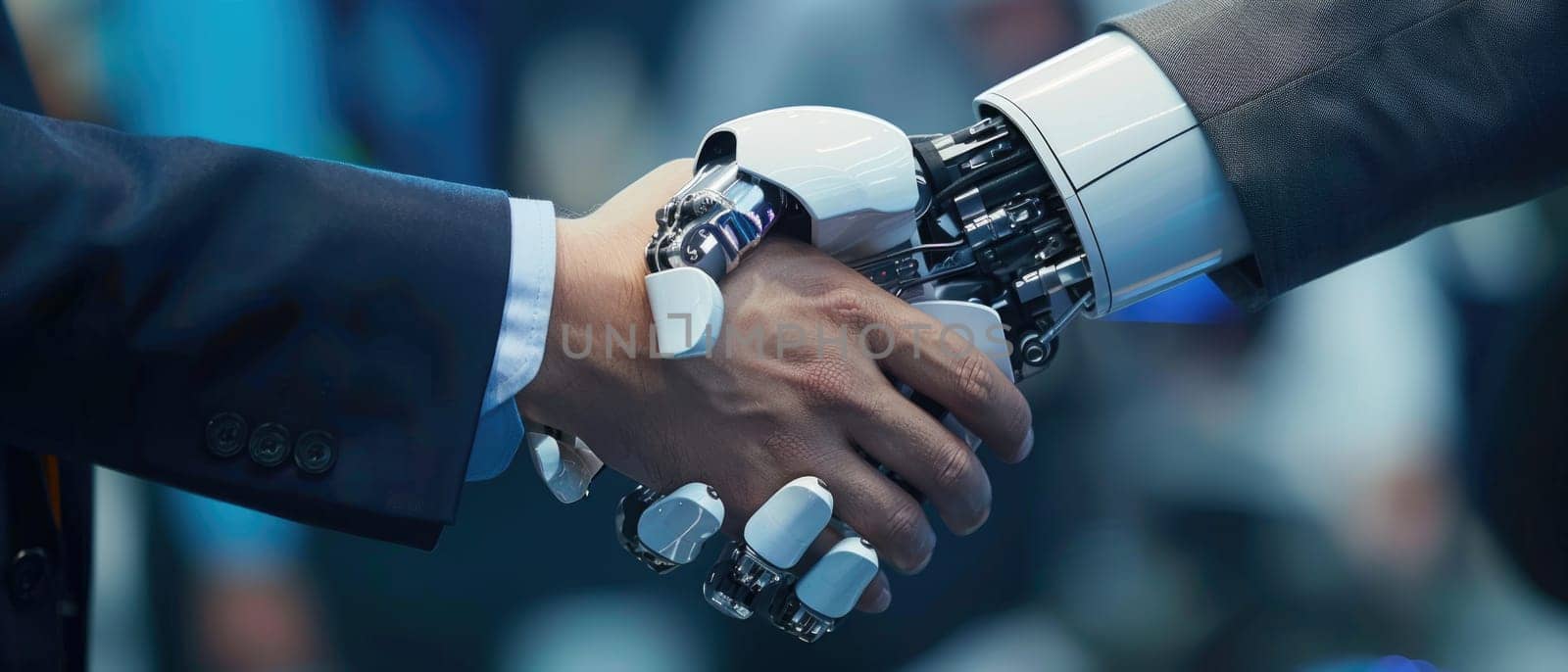 A robot hand shakes a human hand by AI generated image by wichayada