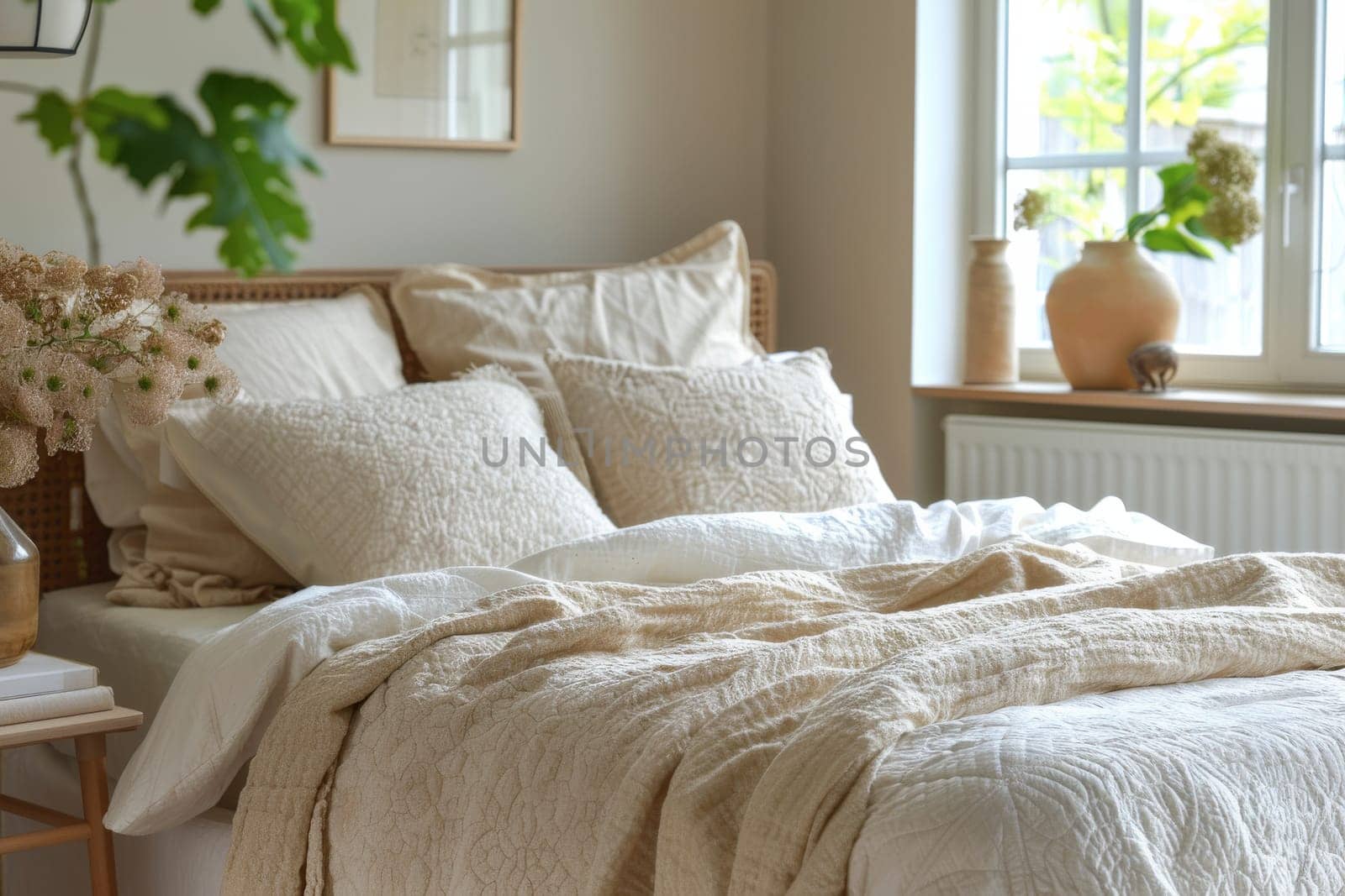 A bed with a white comforter and pillows, and a vase of flowers on a nightstand.