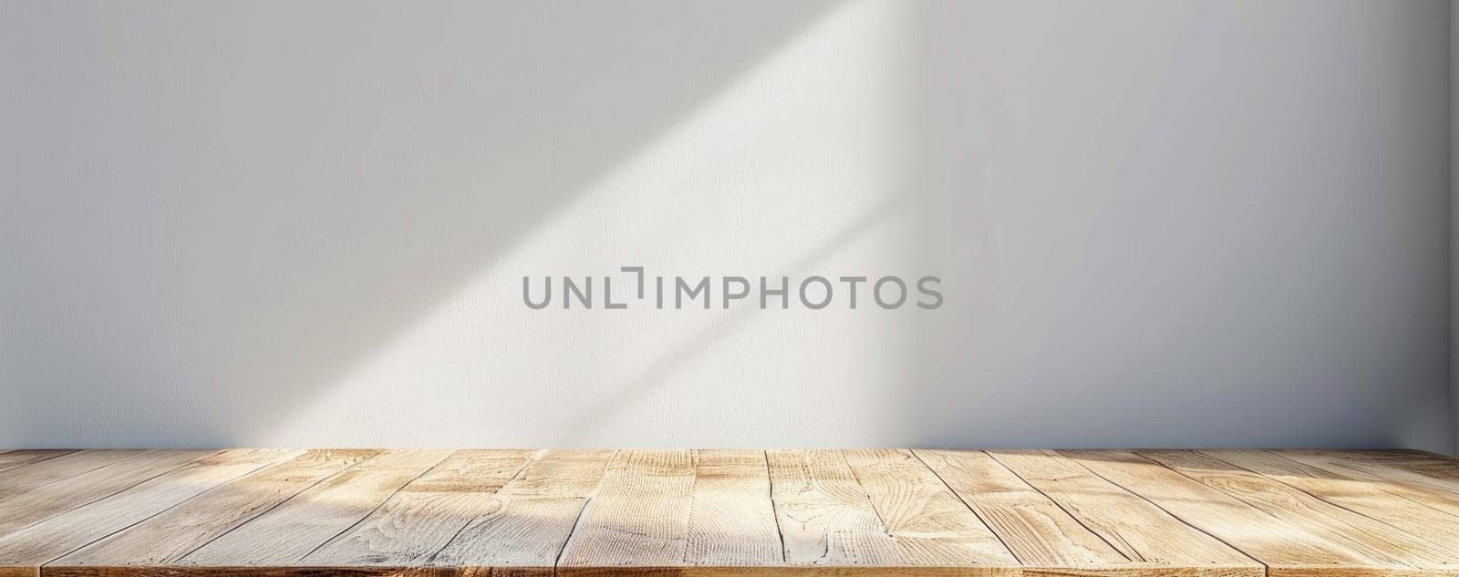 A wooden table with a white wall behind it by AI generated image.