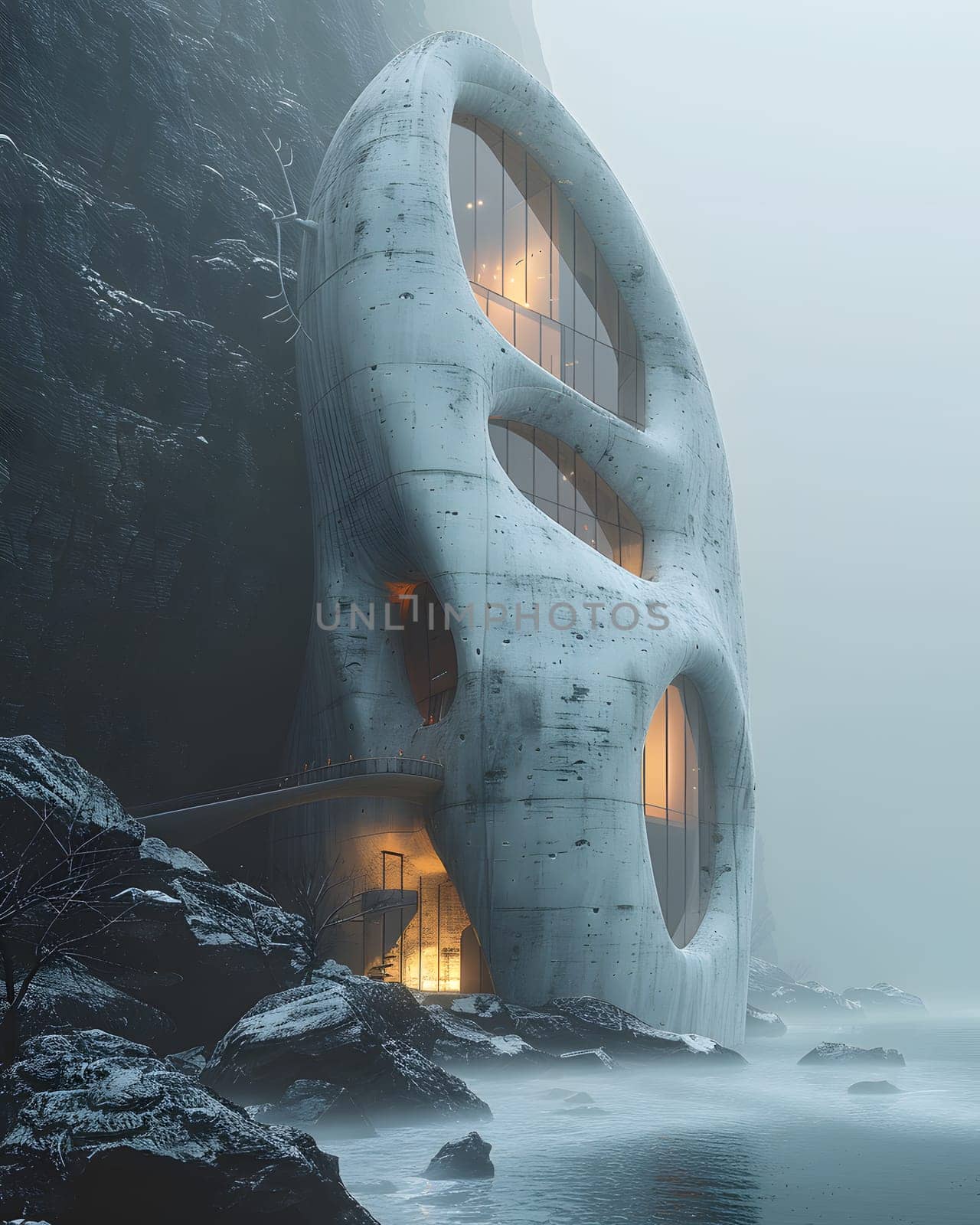 a futuristic house is sitting on top of a rocky cliff next to a body of water by Nadtochiy