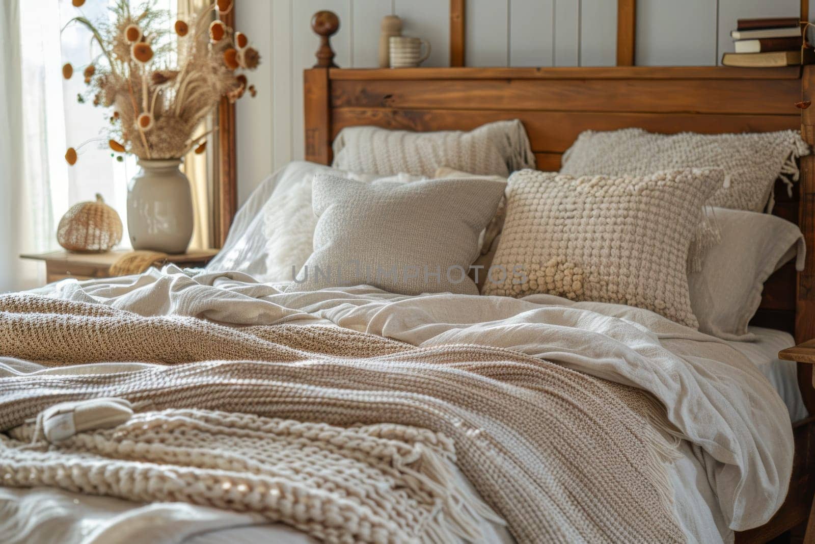 A bed with a white comforter and pillows, and a vase of flowers on a nightstand.