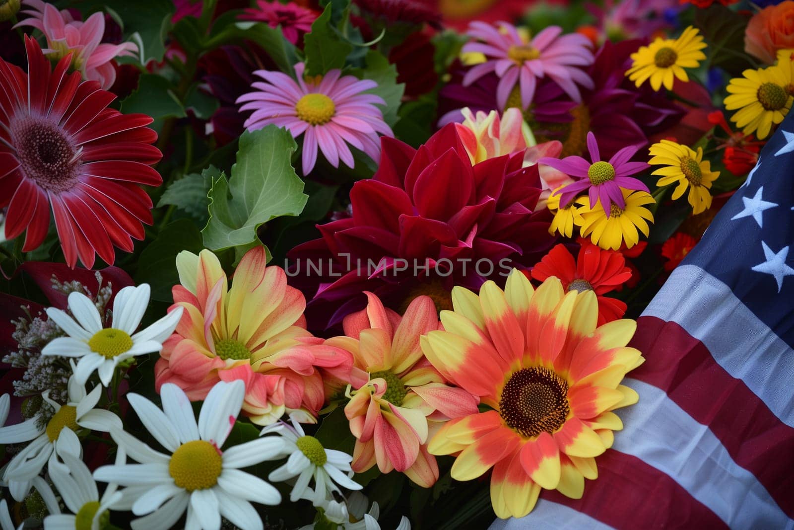 A bunch of colorful flowers with an American flag in the background, symbolizing patriotism and national pride on Flag Day USA.