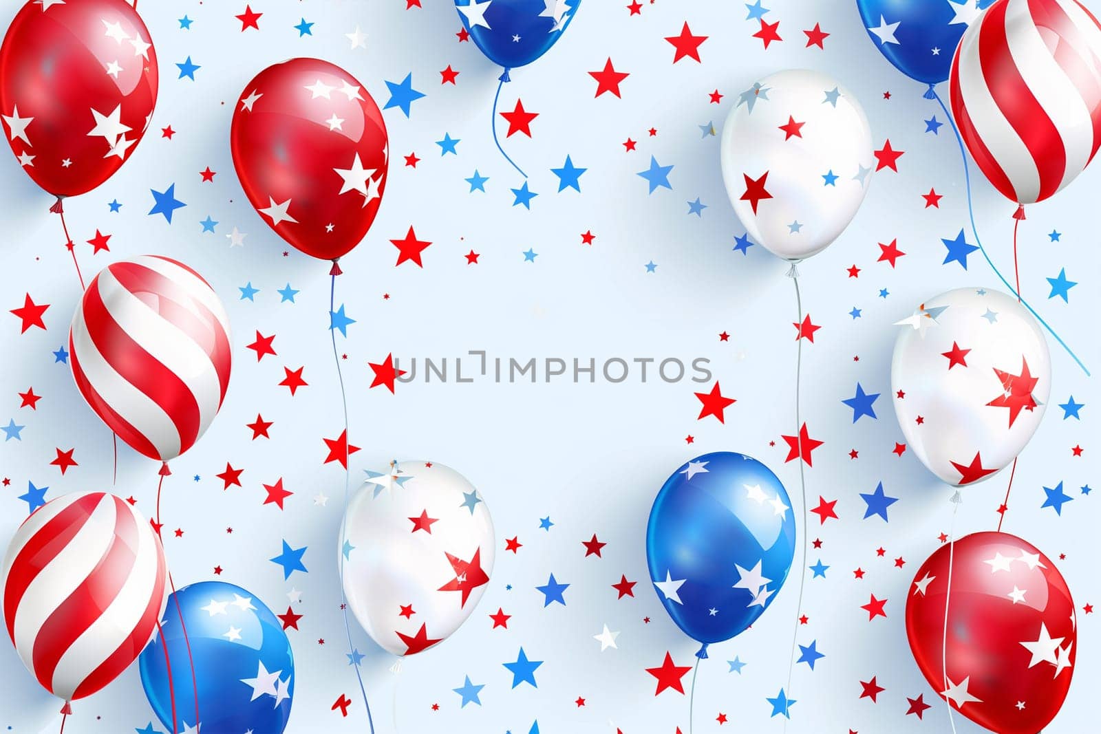Patriotism-themed background featuring various colorful balloons and shining stars against a patriotic backdrop.