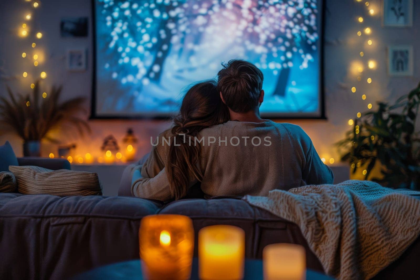 A couple is sitting on a couch in front of a television. The man is wearing a gray shirt and the woman is wearing a gray shirt. They are holding hands and watching a movie together