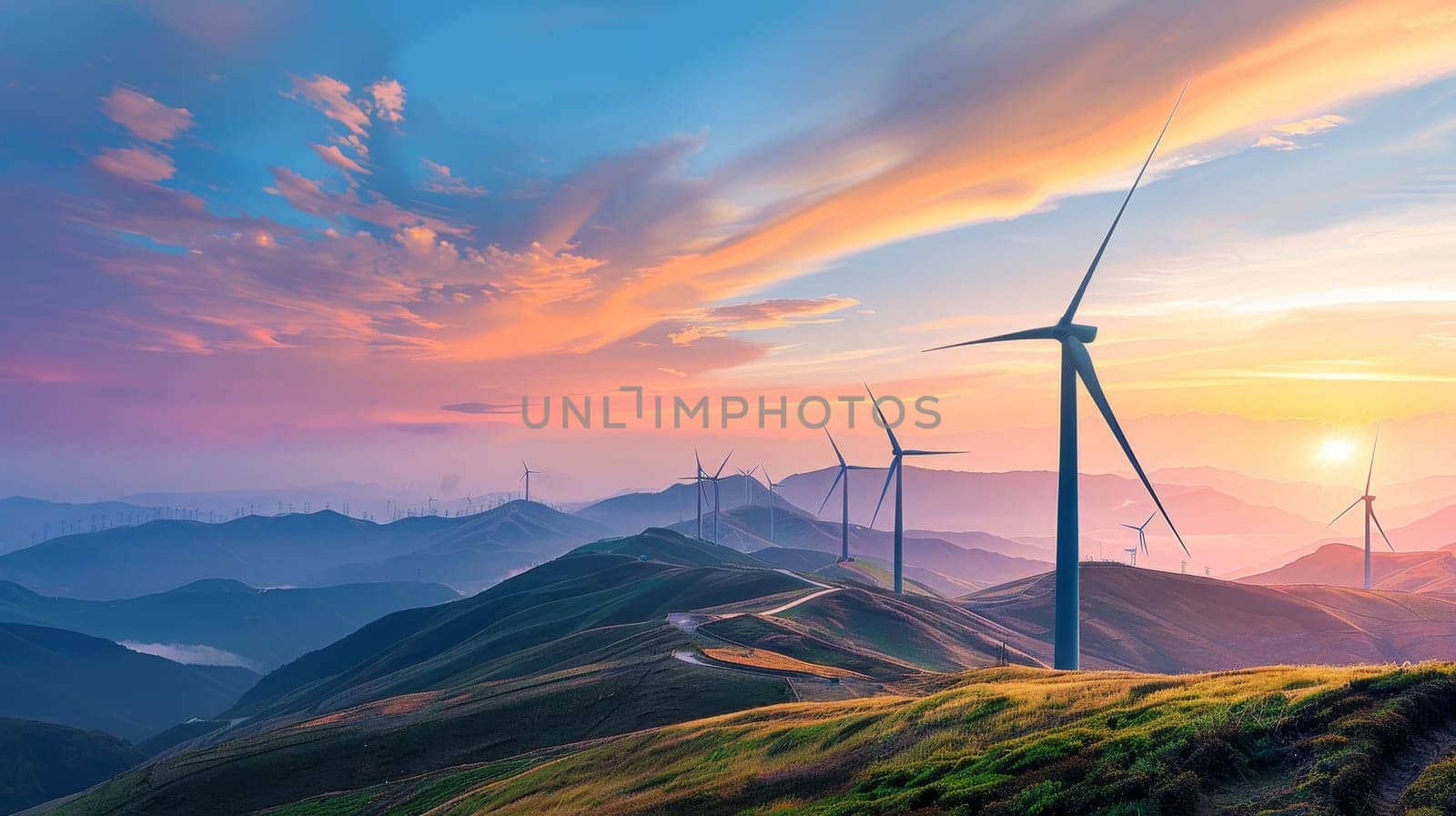 A field of wind turbines with the sun setting in the background by itchaznong