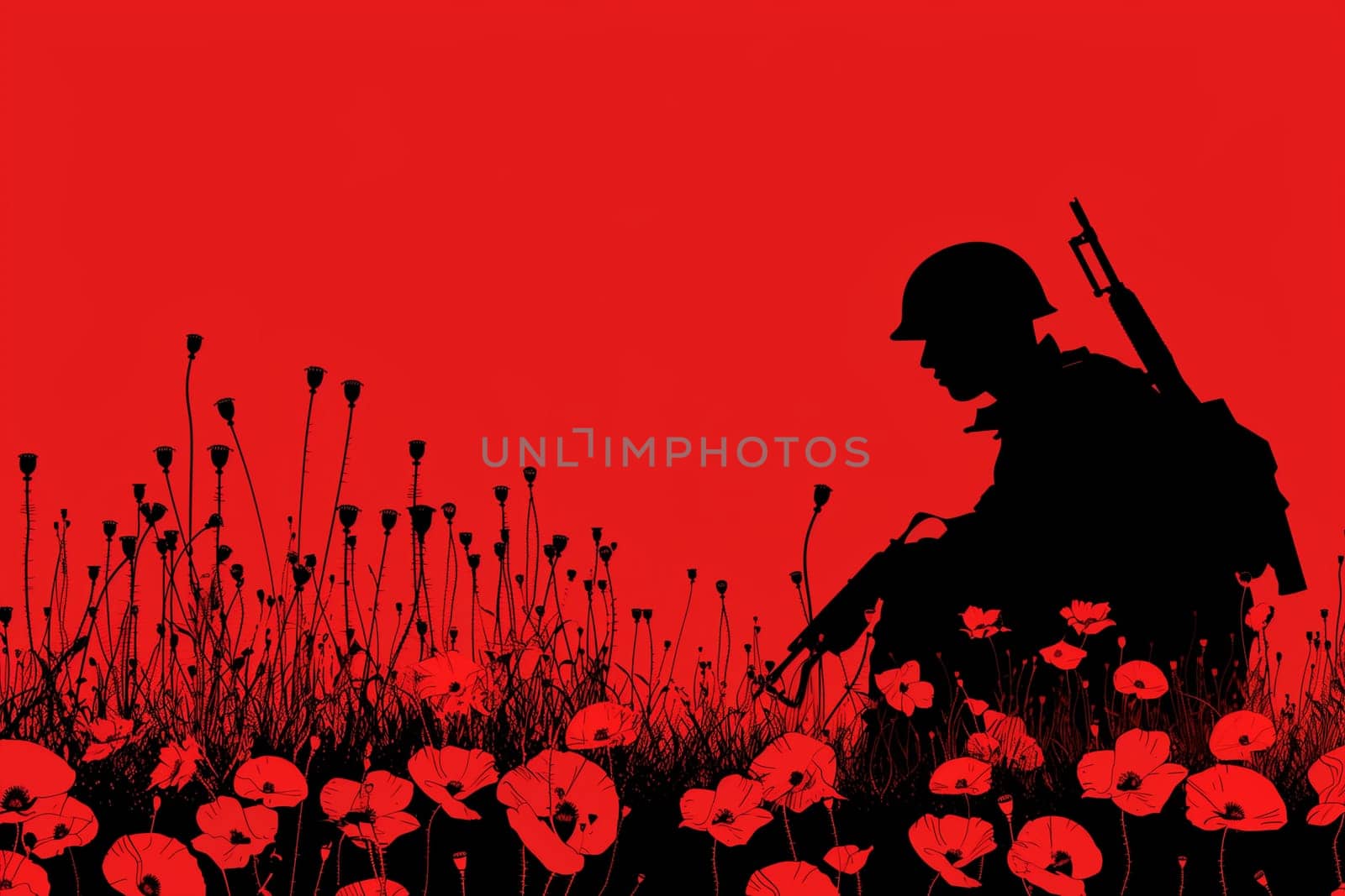 A soldier in silhouette kneels in a field of vibrant red poppies, paying homage to fallen comrades in a solemn moment of remembrance.
