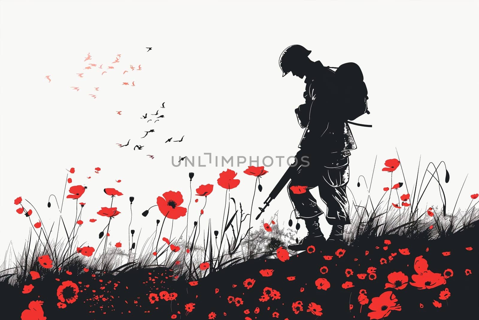 A silhouetted soldier walks through a vibrant field of poppies, symbolizing peace and remembrance on Freedom Day.