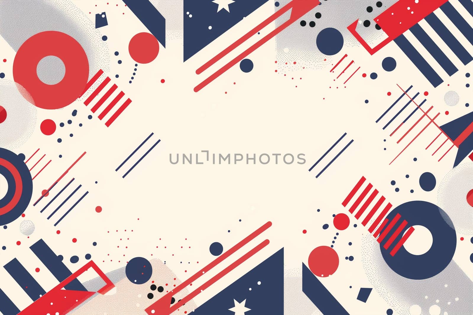 Geometric shapes in red, white, and blue colors arranged in an abstract pattern.