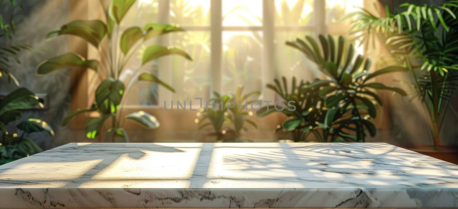 A table with a view of a lush green plant by AI generated image.