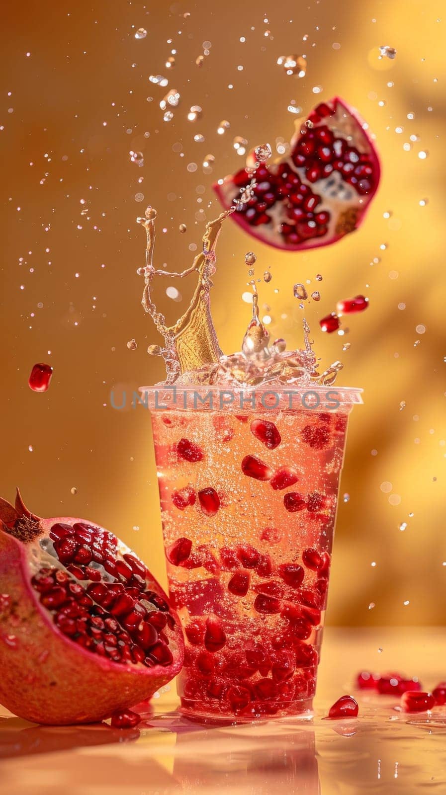 A glass of iced tea with a garnish of pomegranate slices. The drink is served in a tall glass with ice cubes and a garnish of pomegranate slices