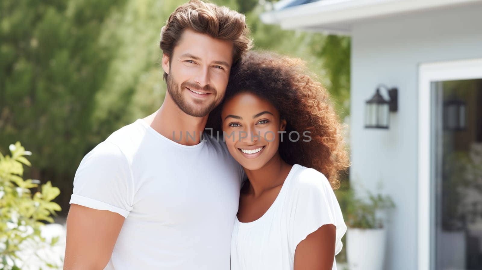 Portrait of happy smiling multiethnic diverse young couple owners standing in green summer backyard of their own suburban house, woman and man resting together on a sunny weekend day