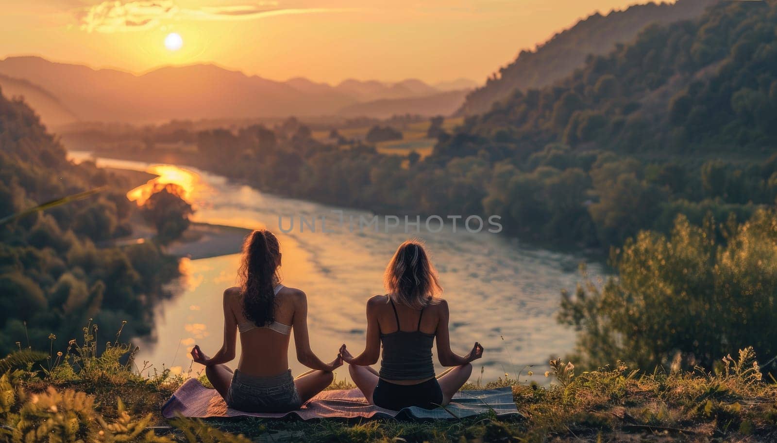 Two women are sitting on a blanket by a river, enjoying the sunset by AI generated image.