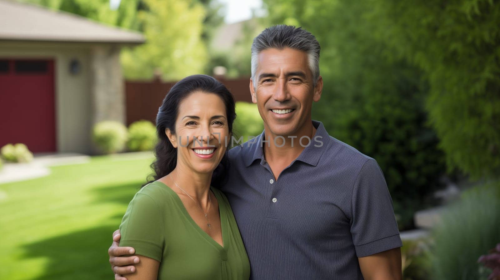Portrait of happy smiling mature couple owners standing in green summer backyard of their own suburban house, woman and man relaxing together on a weekend day