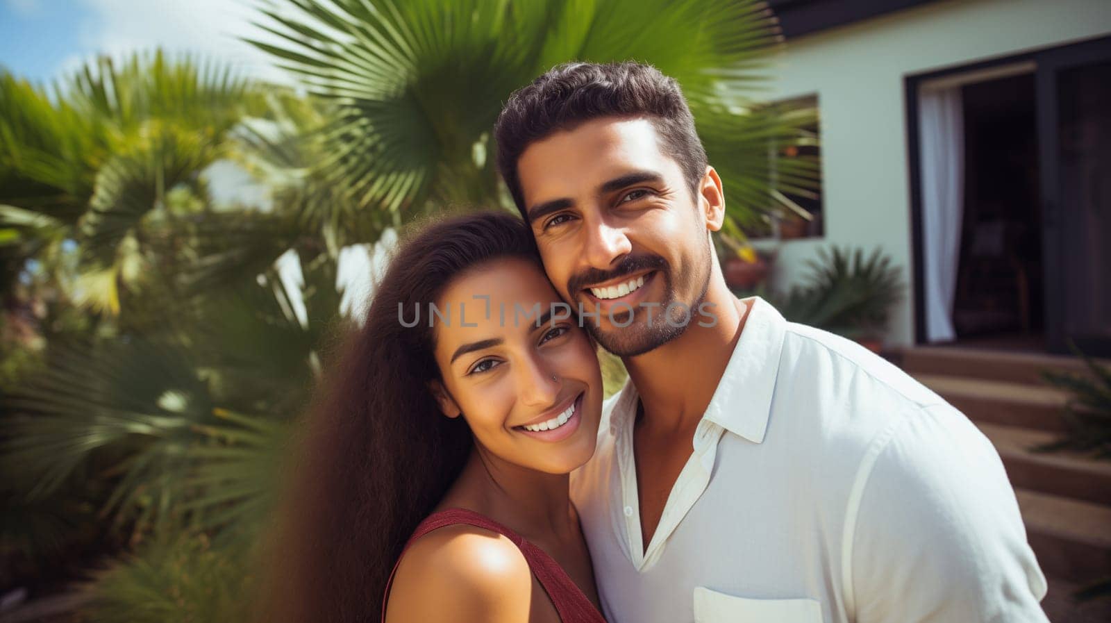 Portrait of happy smiling multiethnic diverse young couple owners standing in green summer backyard of their own suburban house, woman and man relaxing together on a sunny weekend day