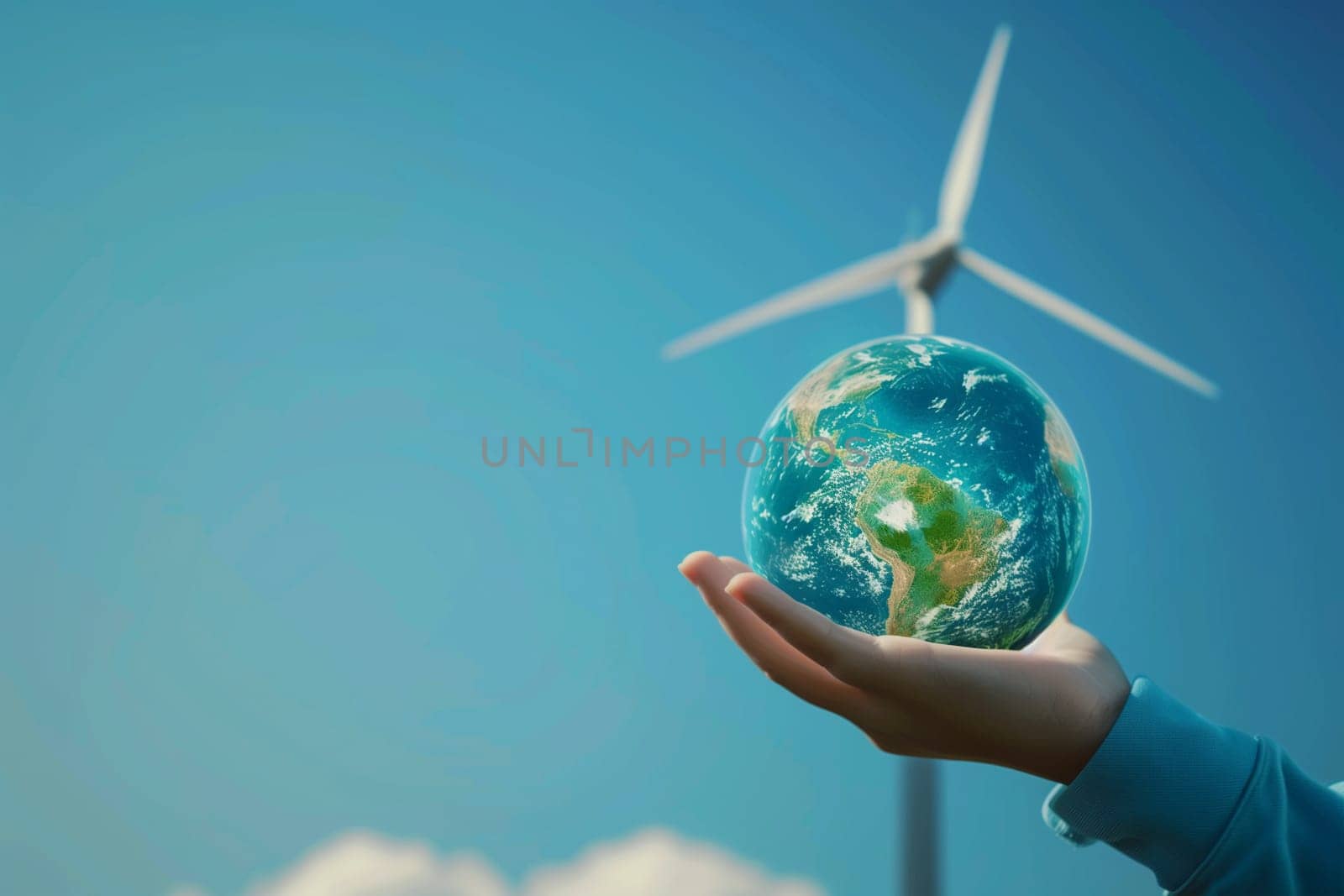 A hand holds a small earth in front of a towering wind turbine.