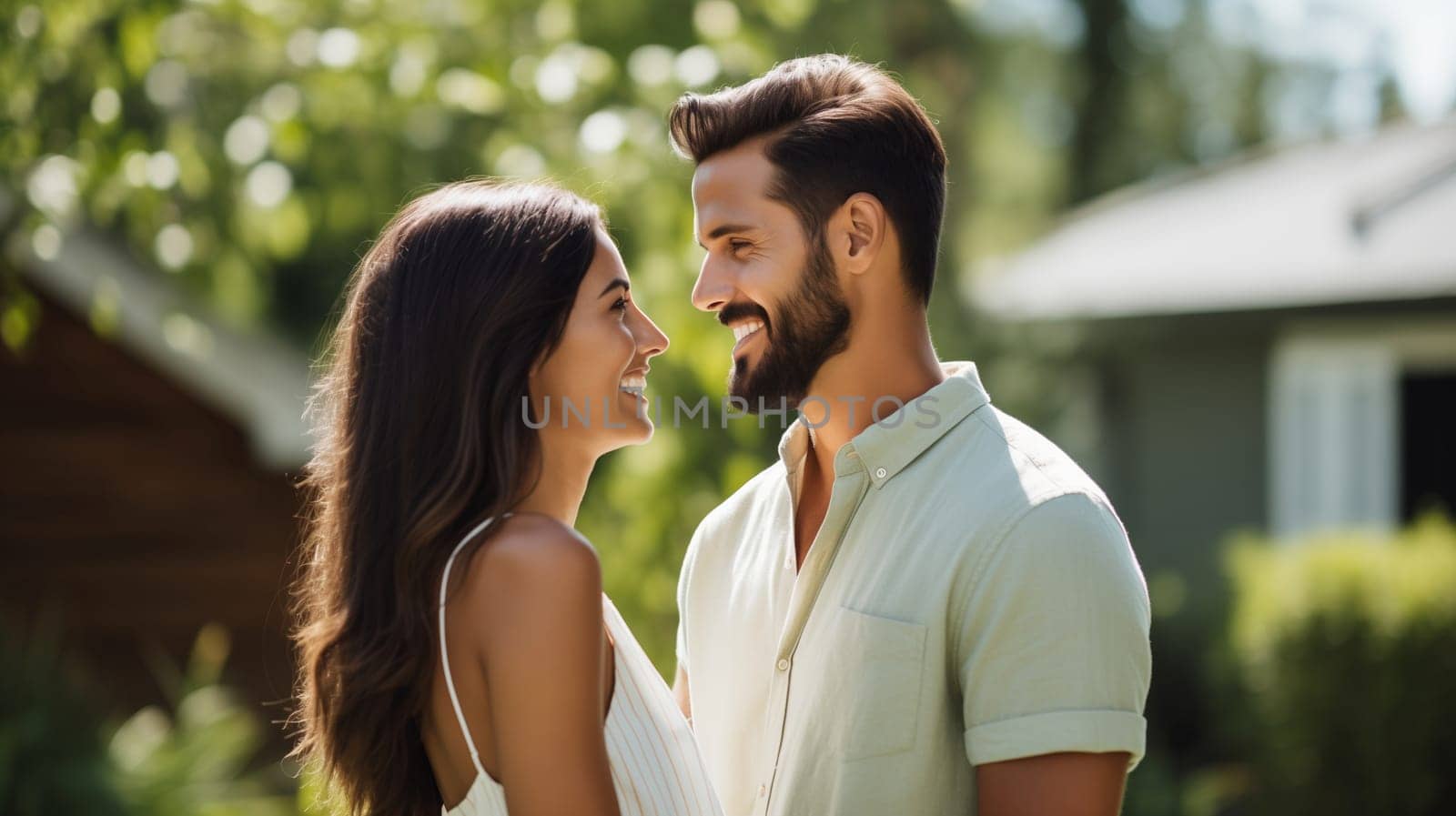 Portrait of happy smiling Hispanic young couple owners standing in green summer backyard of their own suburban house, woman and man relaxing together on a sunny weekend day