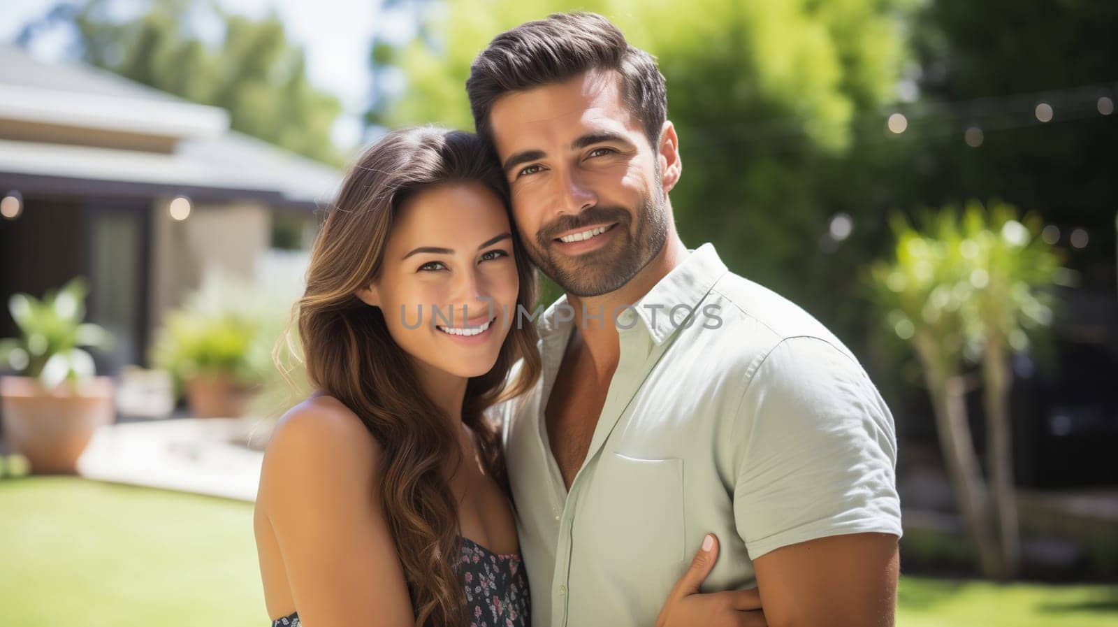 Portrait happy smiling Hispanic young couple owners in summer backyard of their own country house by Rohappy