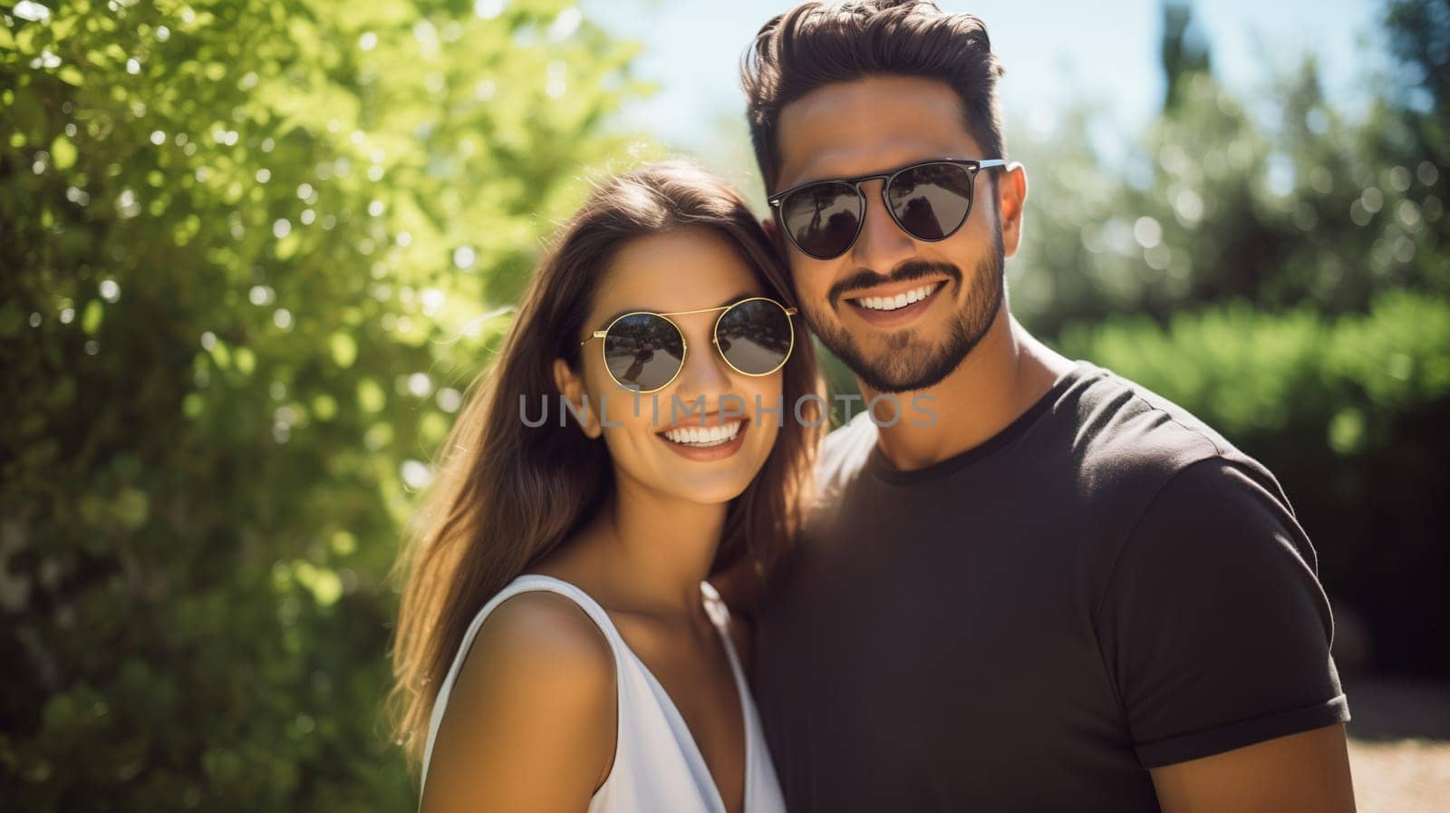 Portrait happy smiling Hispanic young couple owners in summer backyard of their own country house by Rohappy