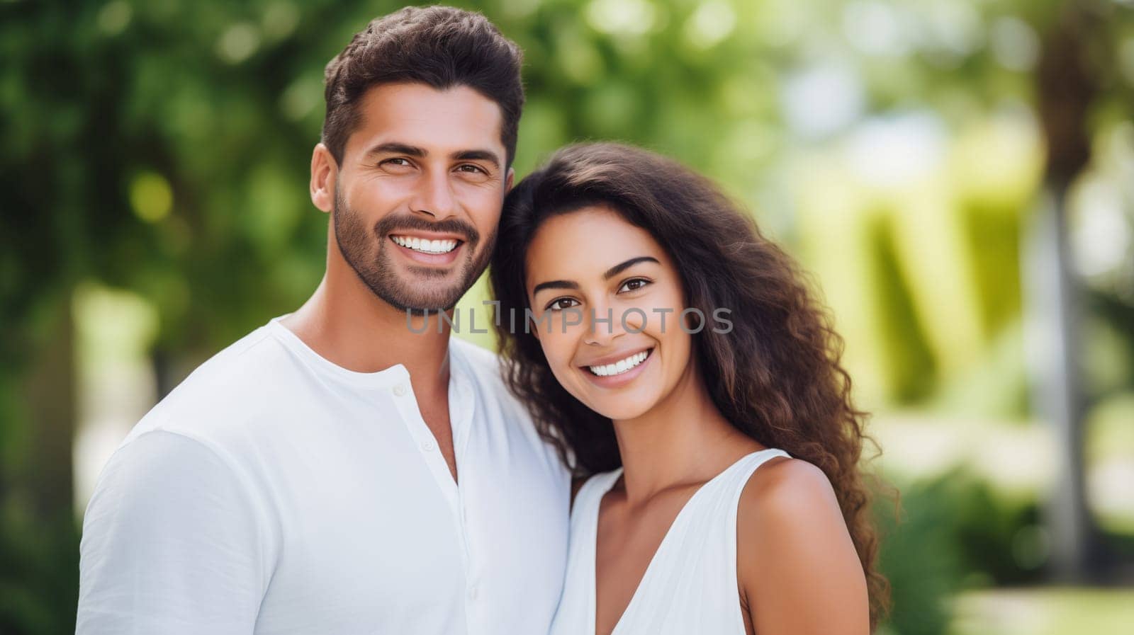 Portrait of happy smiling multiethnic diverse young couple owners standing in green summer backyard of their own suburban house, woman and man relaxing together on a sunny weekend day