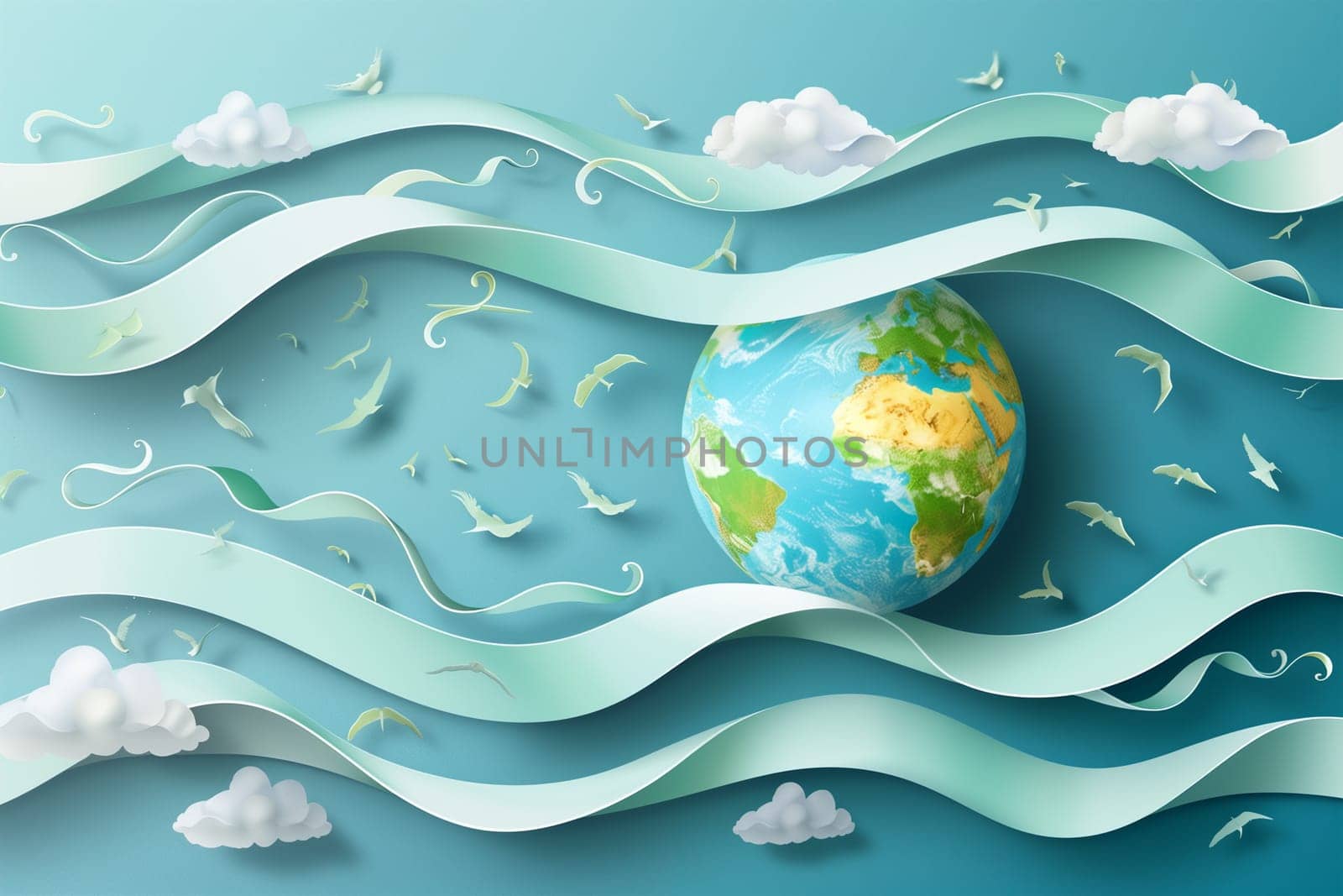 A paper art representation of the Earth encircled by fluffy white clouds, symbolizing the planets atmosphere on Global Wind Day.