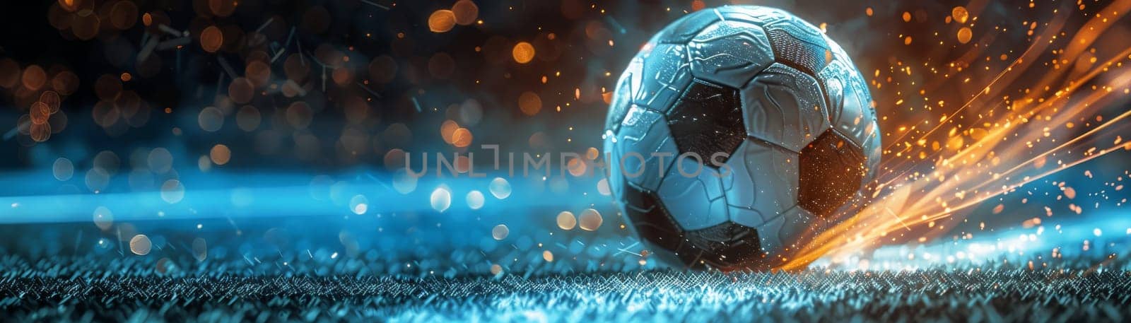 A soccer ball is rolling on a field with fire in the background. Concept of excitement and energy, as if the ball is in the midst of a thrilling game. The fire adds a dramatic element to the scene